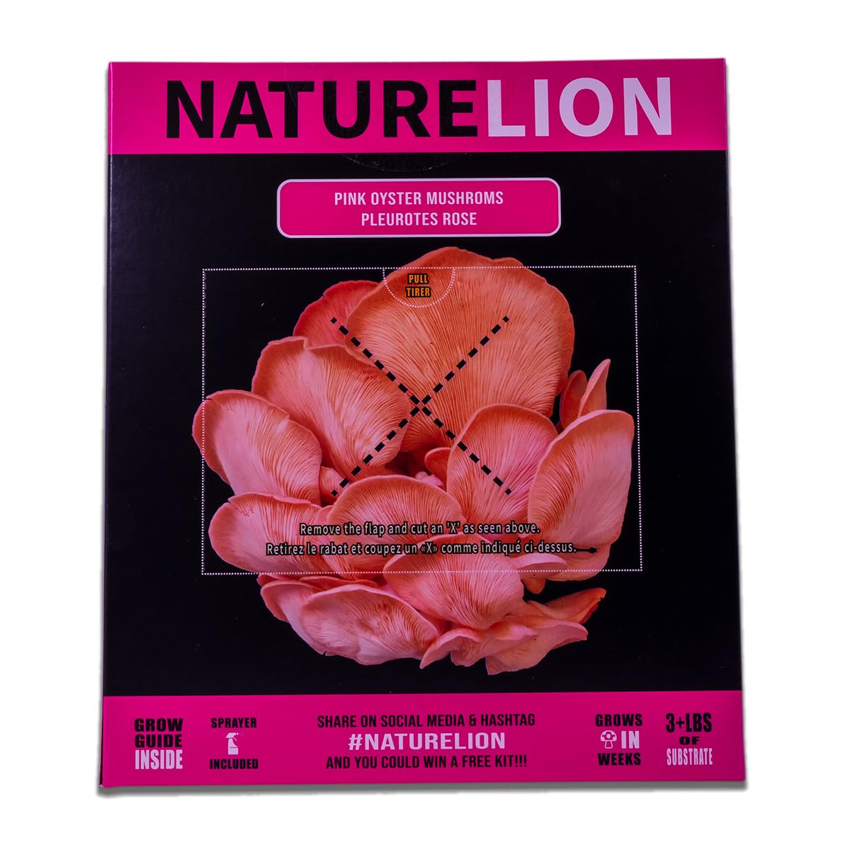 Nature Lion pink oyster mushroom packaging with a pink and black design.