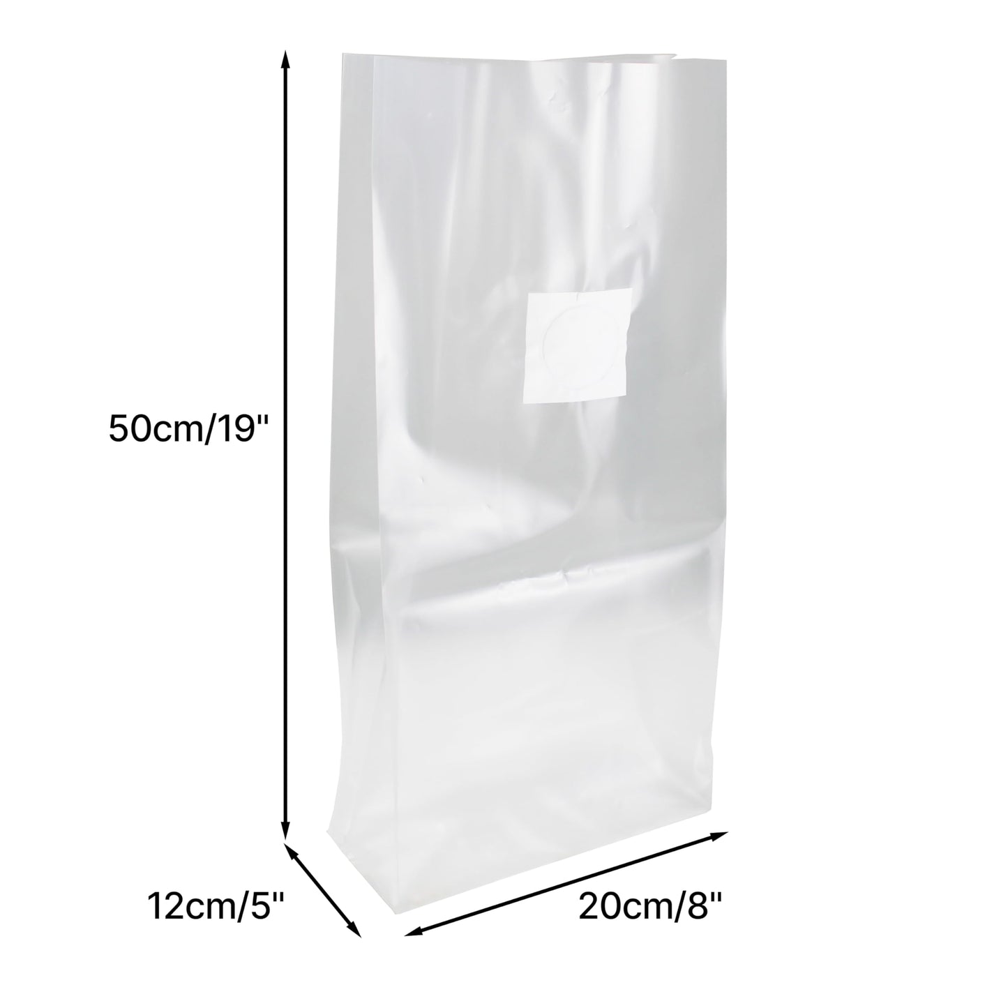 Clear bag with dimensions labeled on a white background