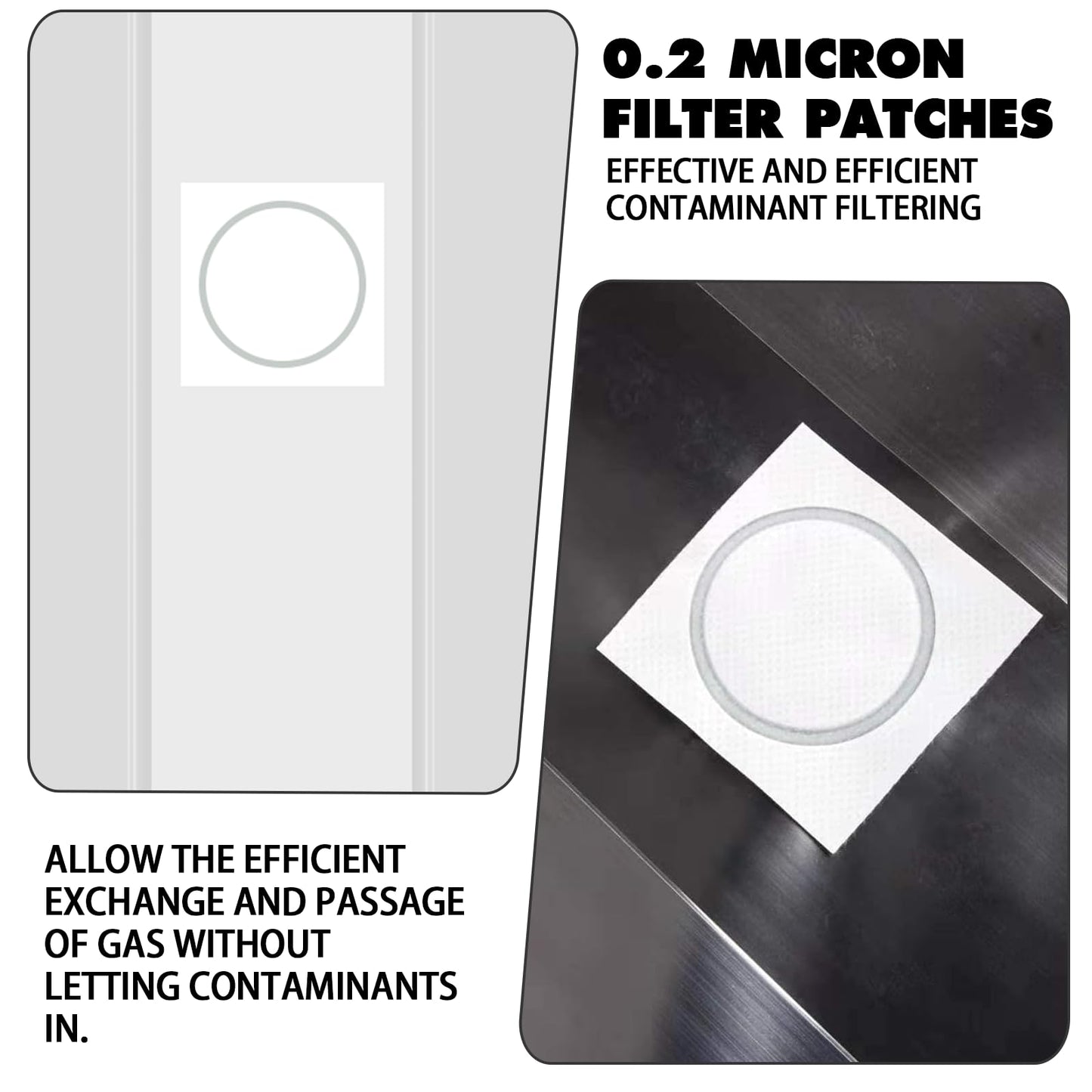 0.2 micron filter patches on a metallic surface with text about filtering efficiency.