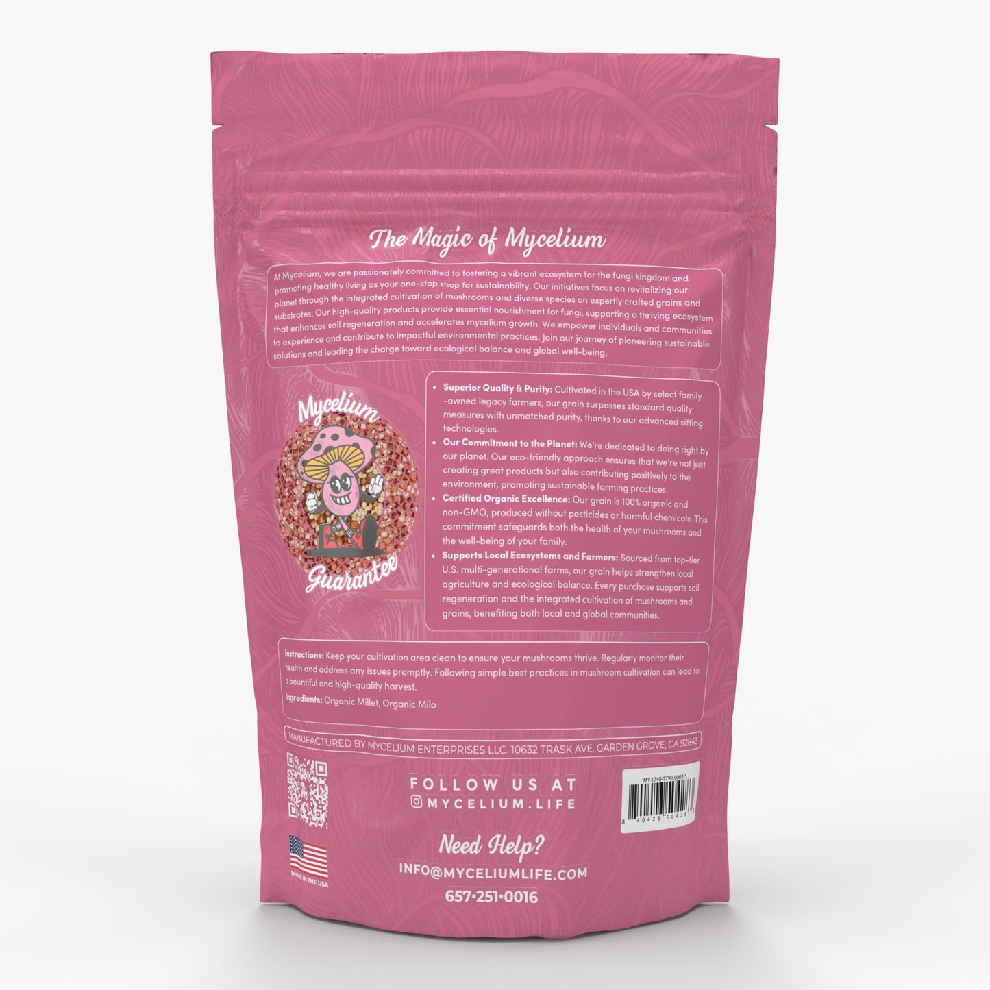 Pink mycelium packaging with text and branding on a white background