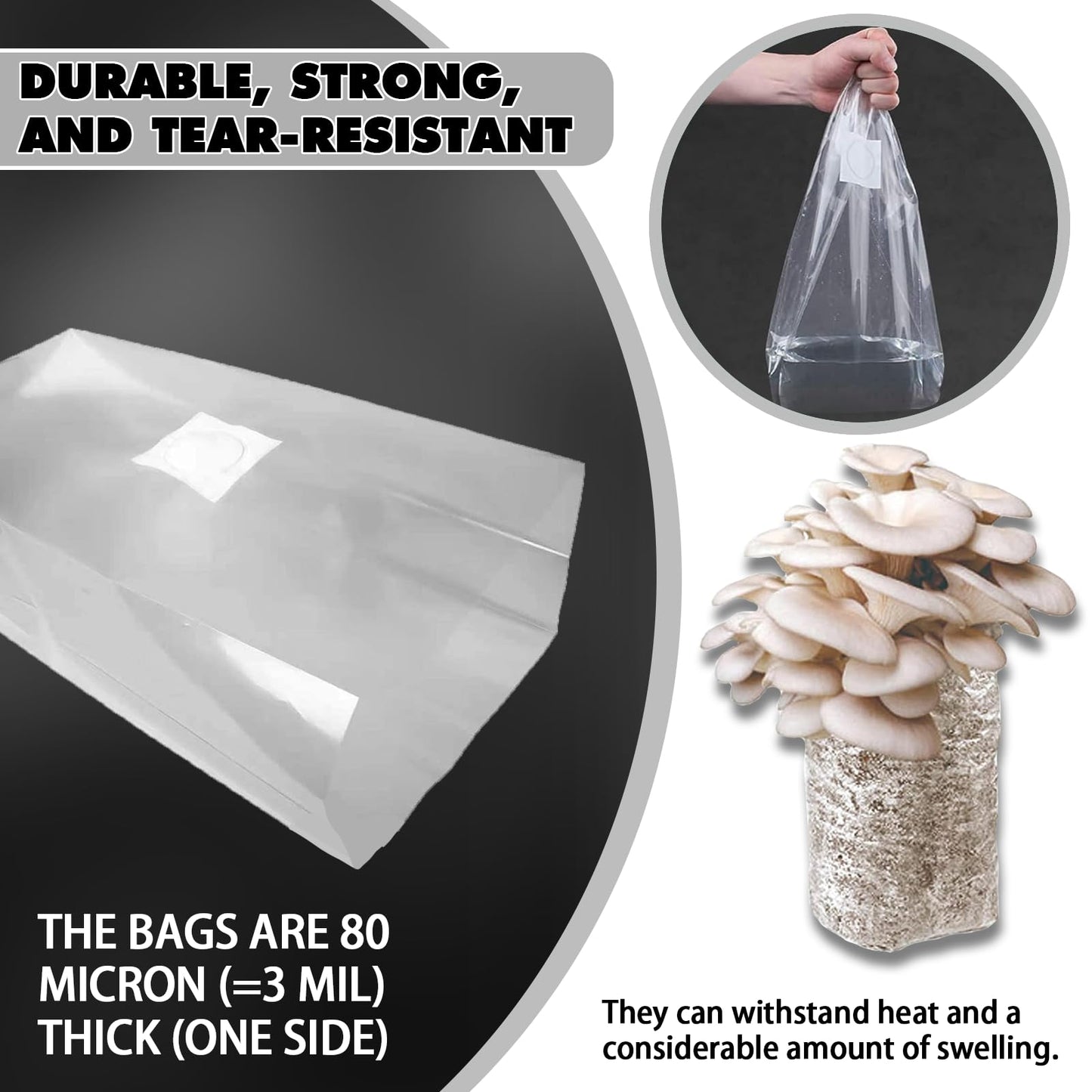 Clear plastic bags with text highlighting durability, strength, and tear-resistance.