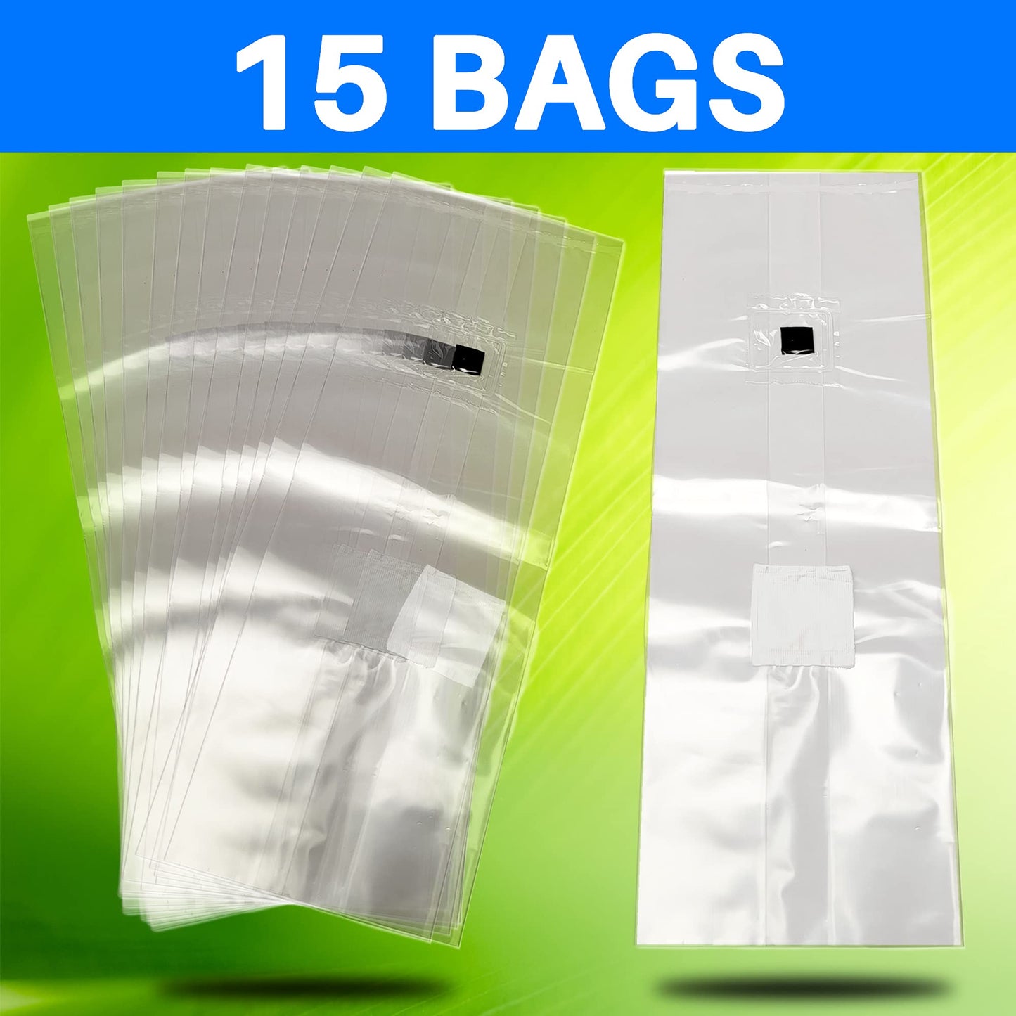 Clear plastic bags with a blue banner indicating '15 Bags' on a green background.