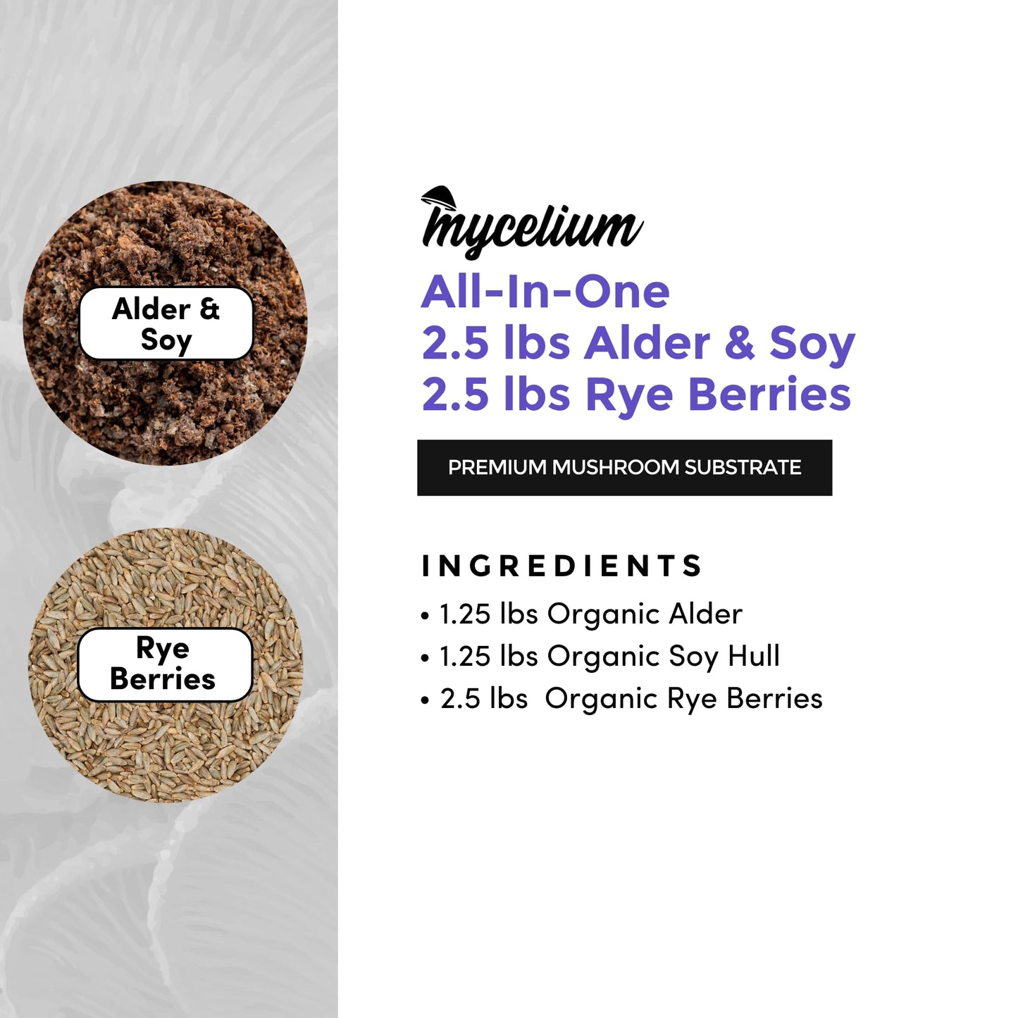 Mycelium mushroom substrate packaging with ingredients listed on a white background