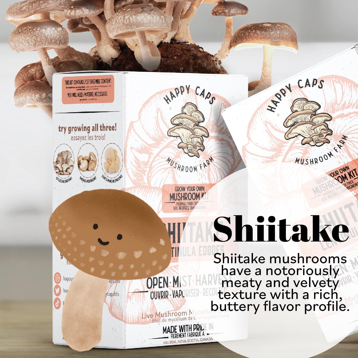Happy Caps mushroom farm packaging with shiitake mushrooms and text about their flavor profile.
