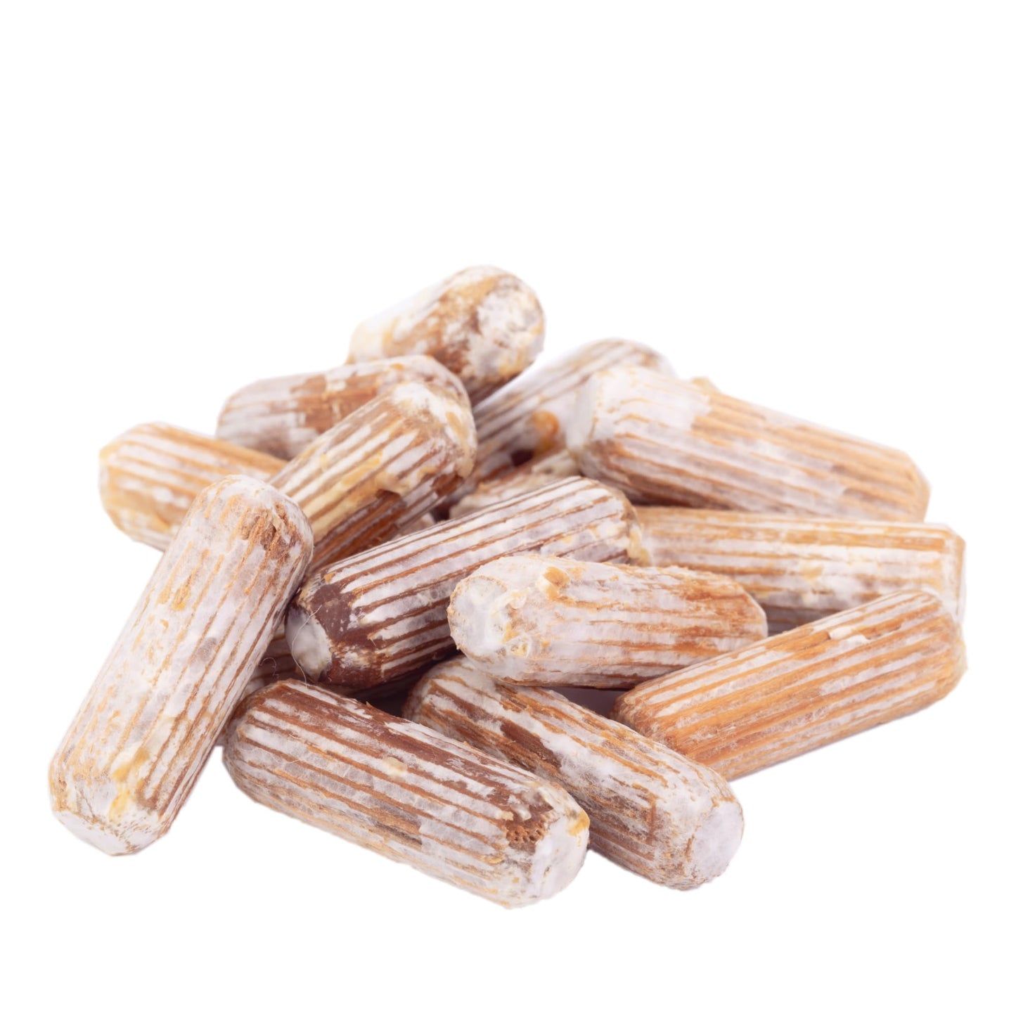 Pile of cylindrical dried roots on a white background