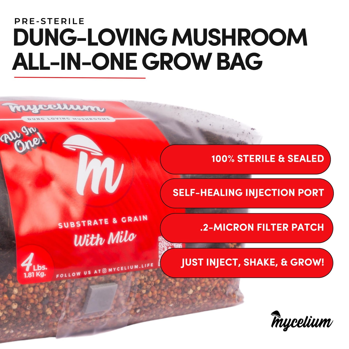 Mycelium all-in-one grow bag packaging with text highlighting features on a white background