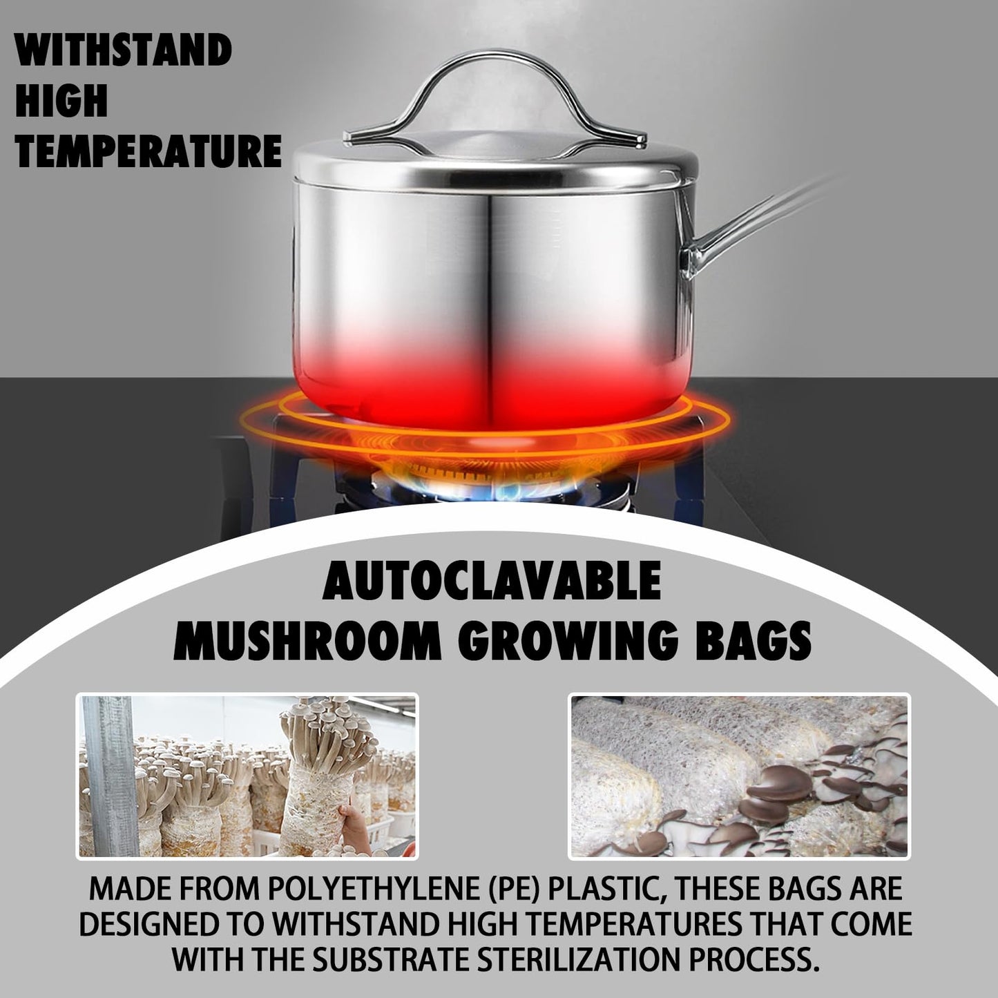 Stainless steel pot with lid on a stove, autoclavable mushroom growing bags with text about high temperature resistance.