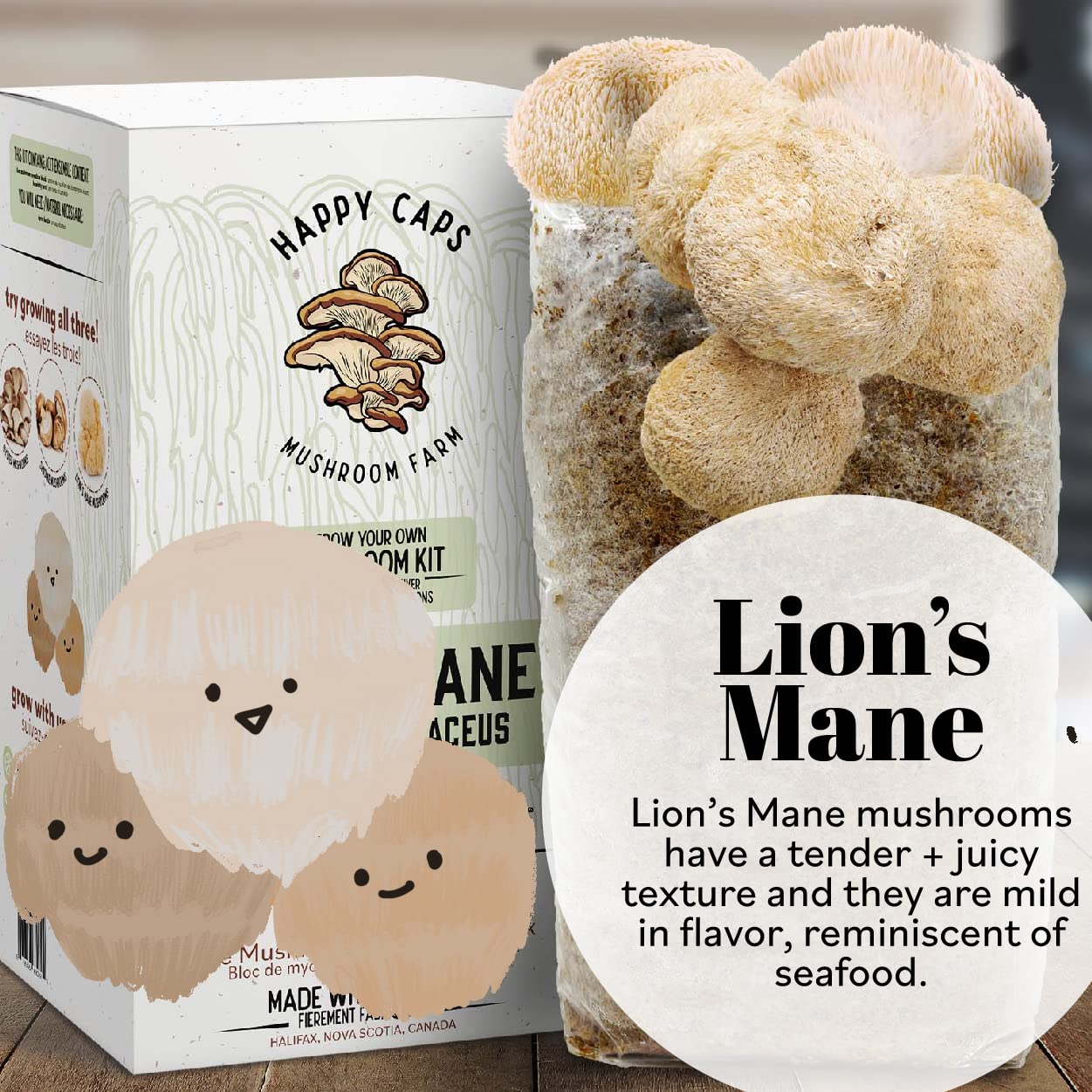 Happy Caps mushroom farm packaging with lion's mane mushrooms on a wooden surface.