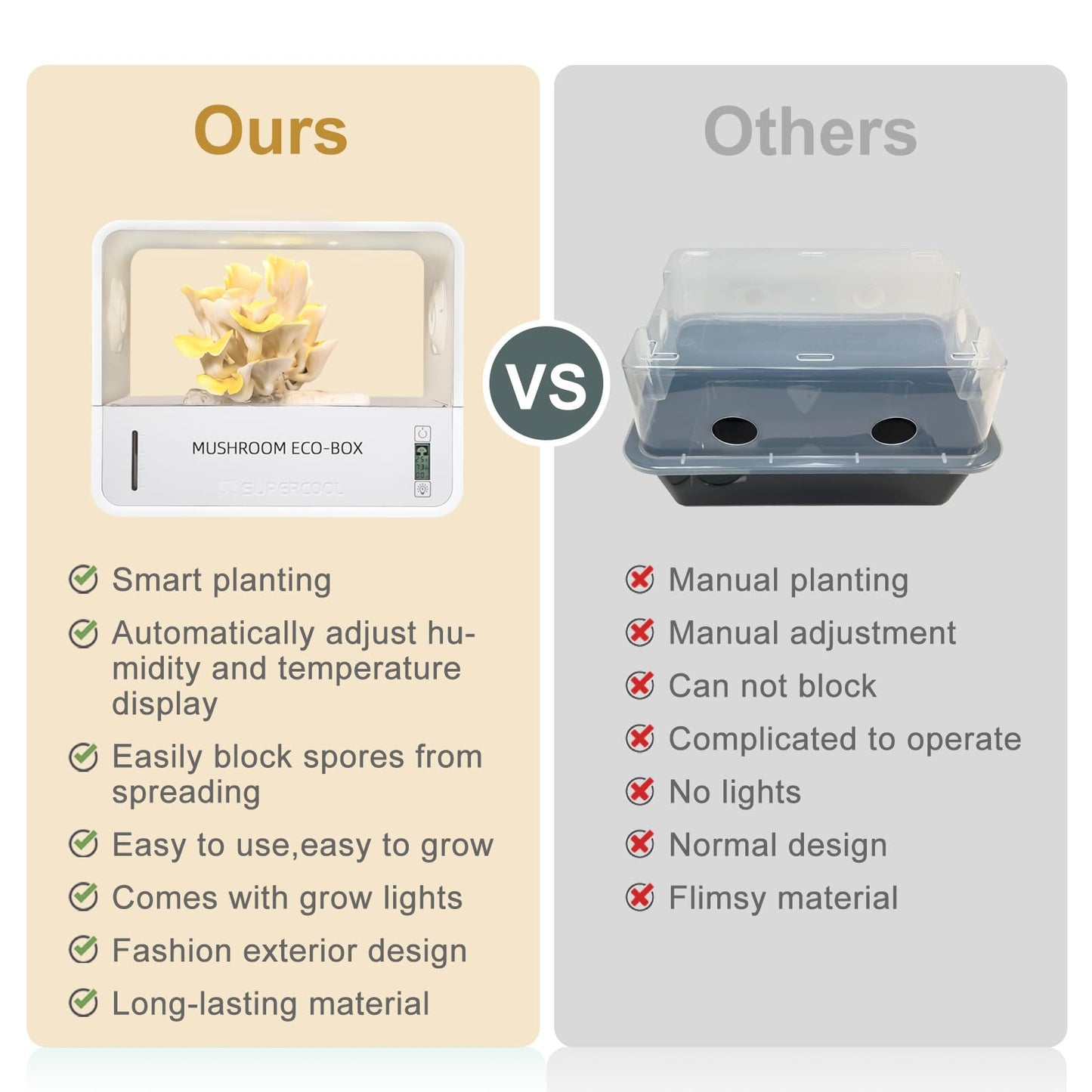 Comparison chart between 'Ours' mushroom eco-box and 'Others' alternatives on a beige and gray background.