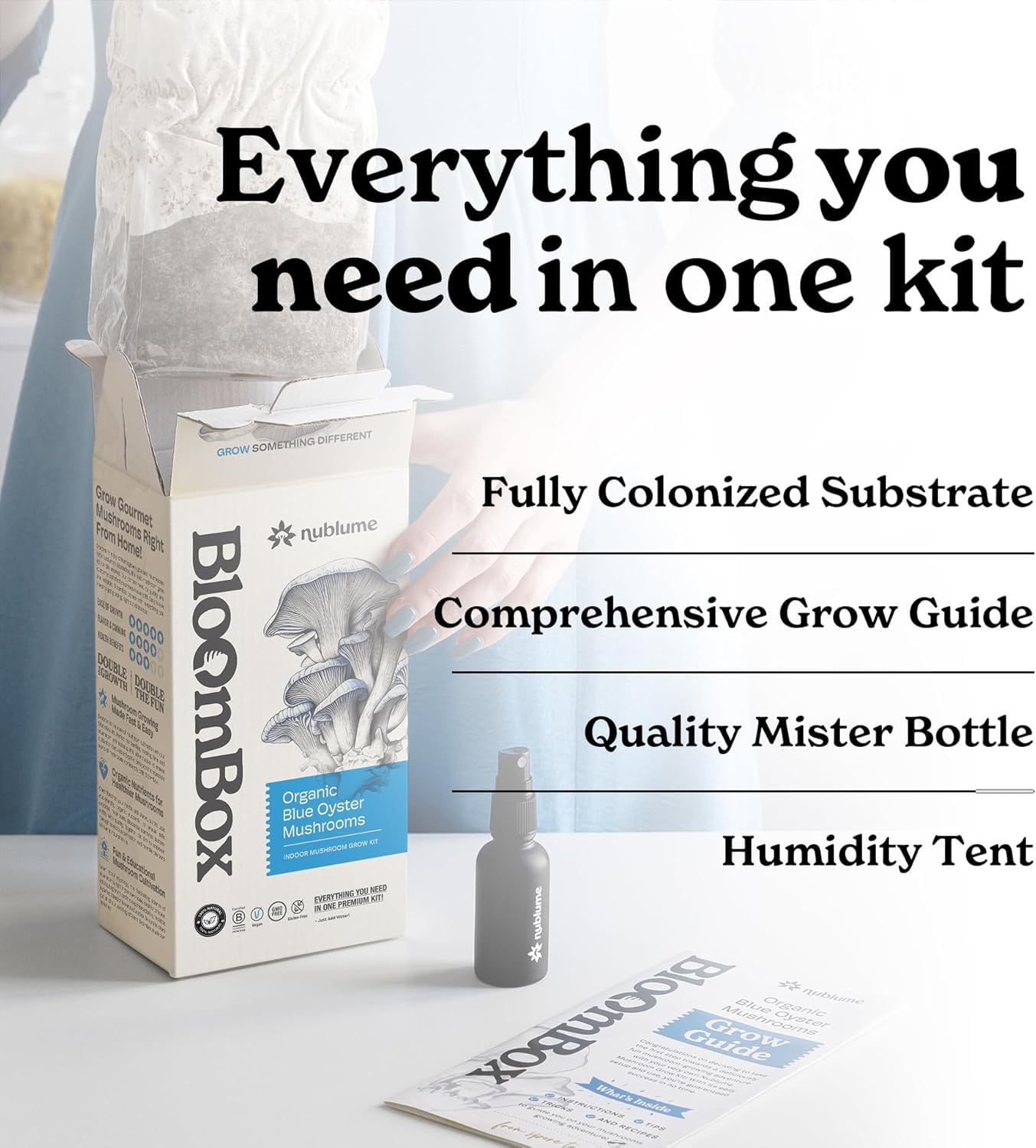 BloomBox kit with text highlighting its contents on a white surface.