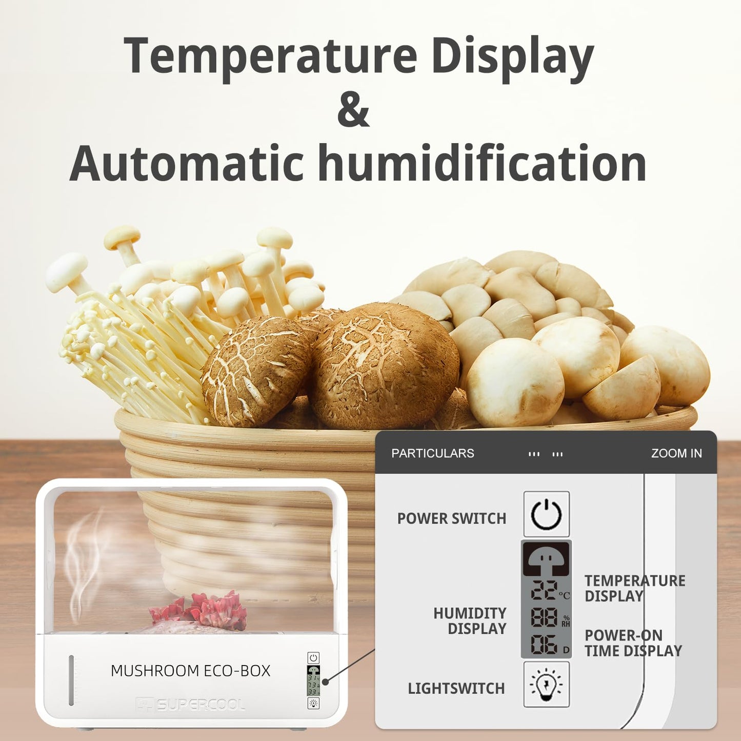 Mushroom eco-box with temperature display and automatic humidification features on a wooden surface.