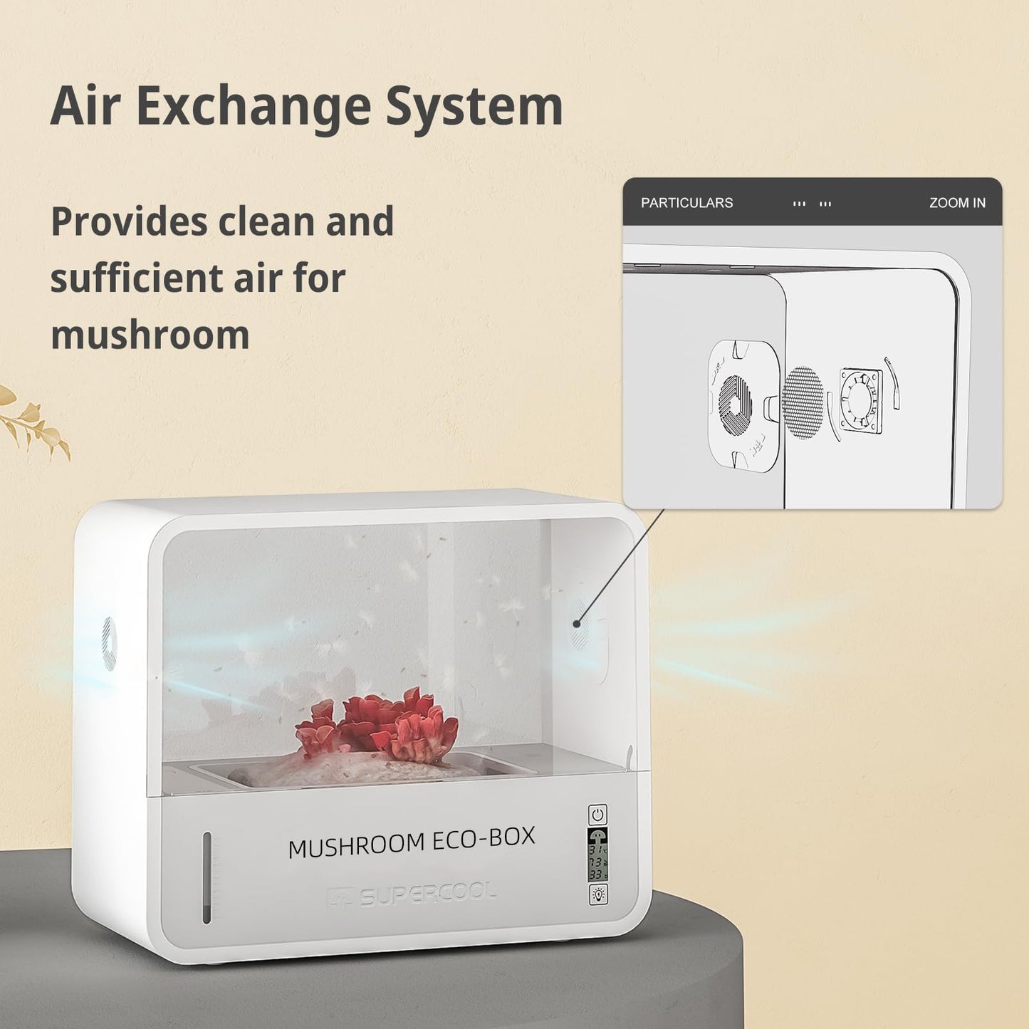 Mushroom Eco-Box with air exchange system on a neutral background