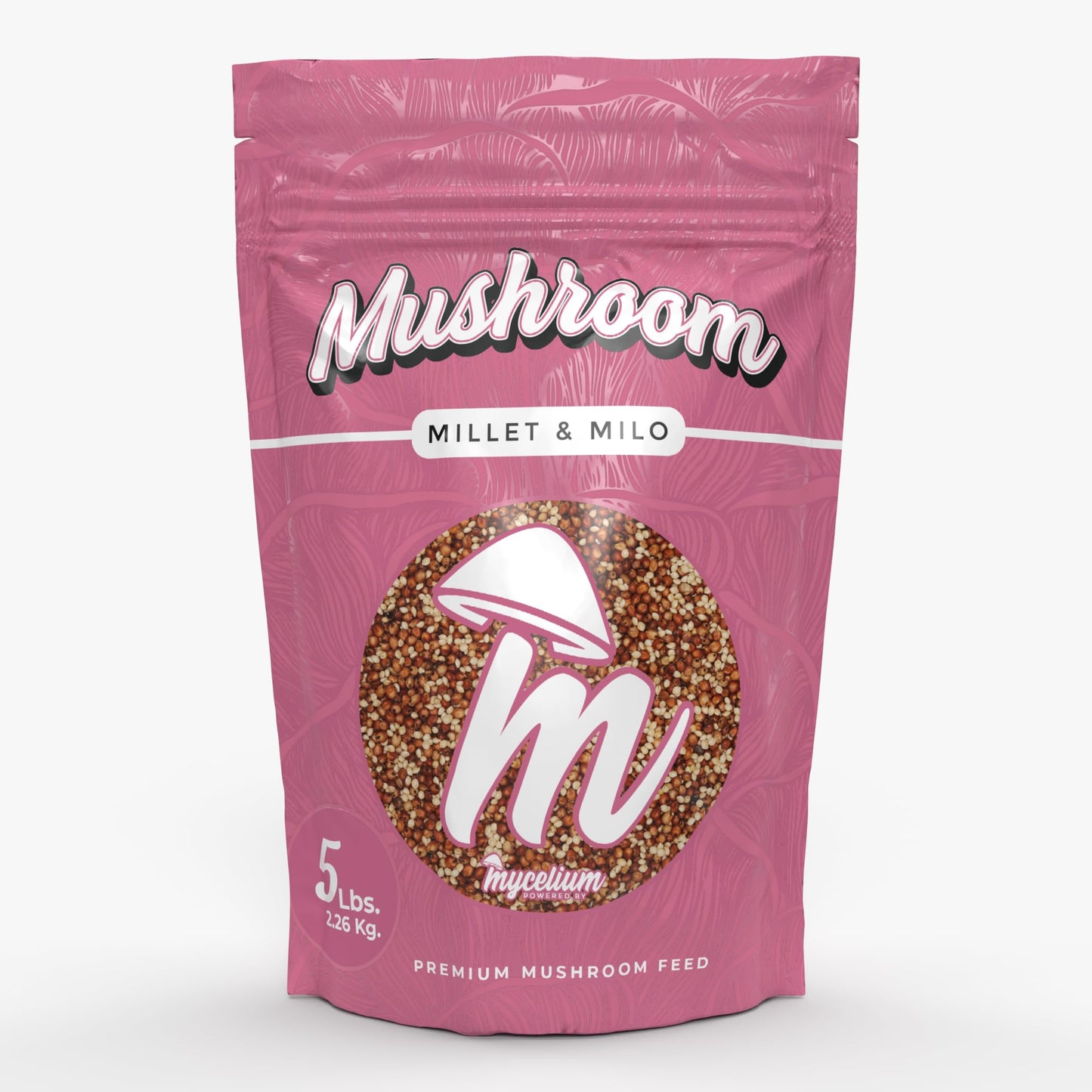 Pink package of Mushroom Millet & Milo with brand logo on a white background