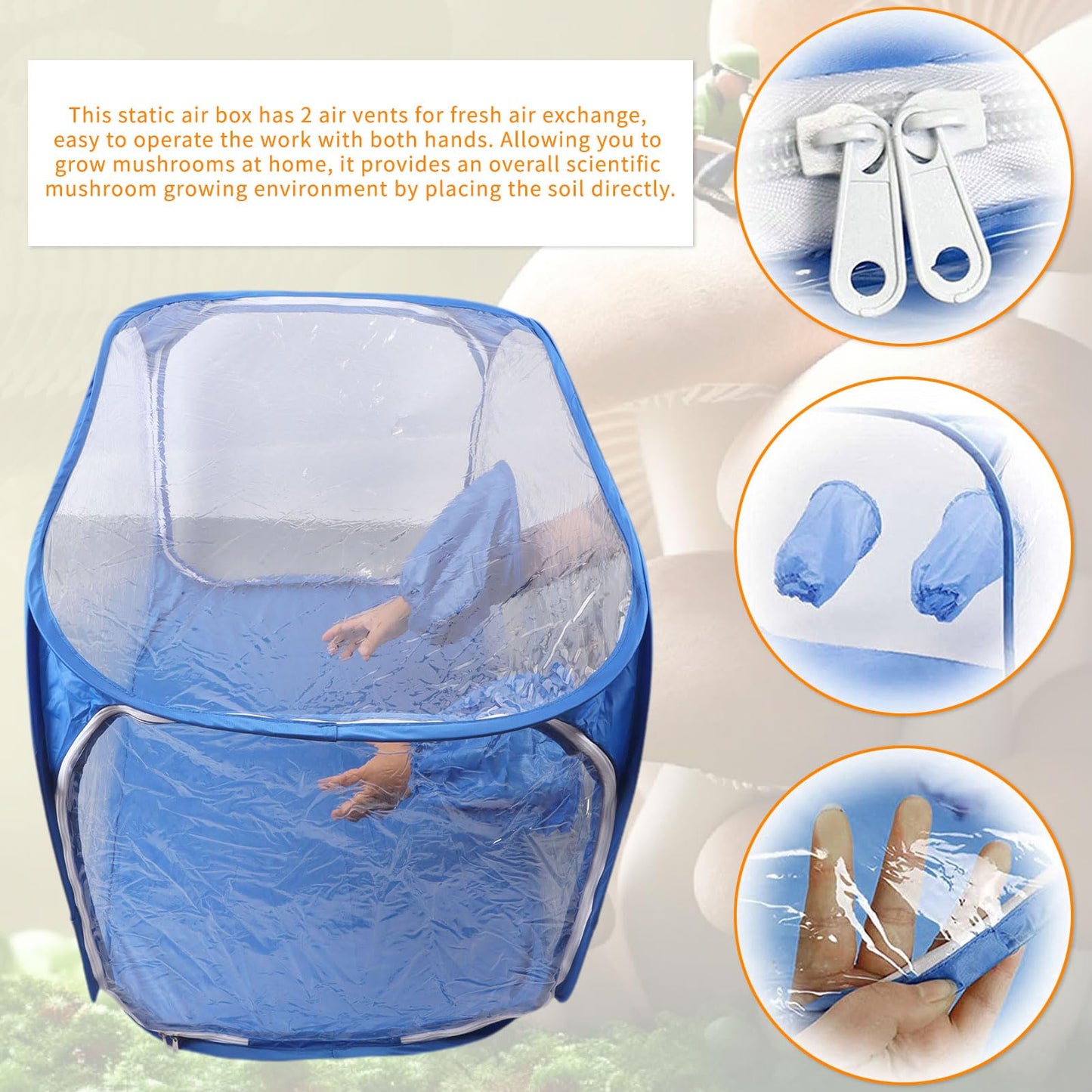 Blue mushroom growing box with air vents and soil placement instructions.