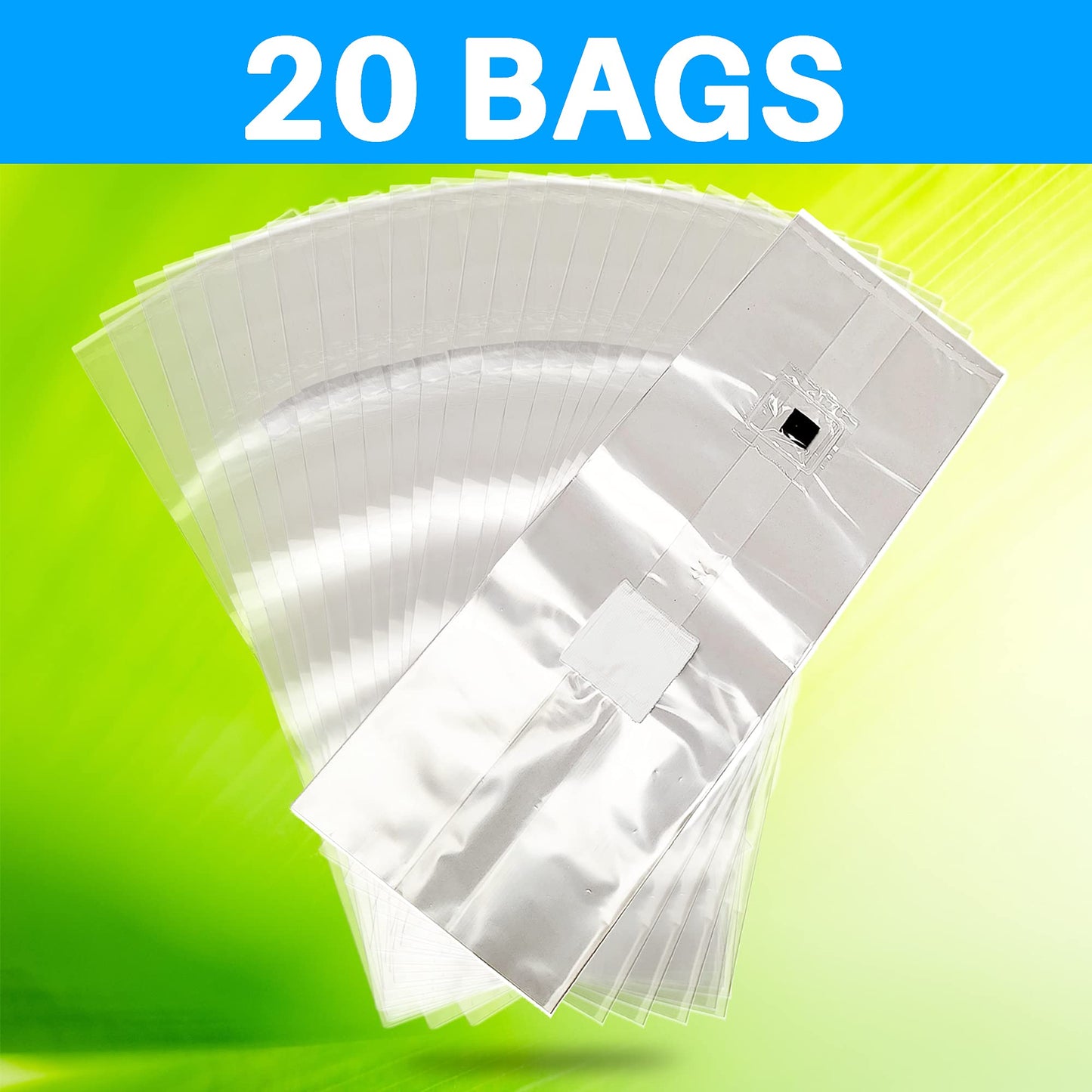Stack of clear plastic bags with a blue banner indicating '20 Bags' on a green background