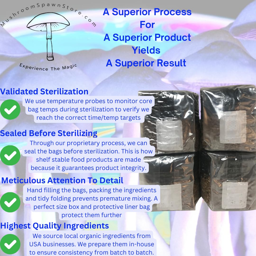 Mushroom Spawn packaging with text about sterilization process and product quality.