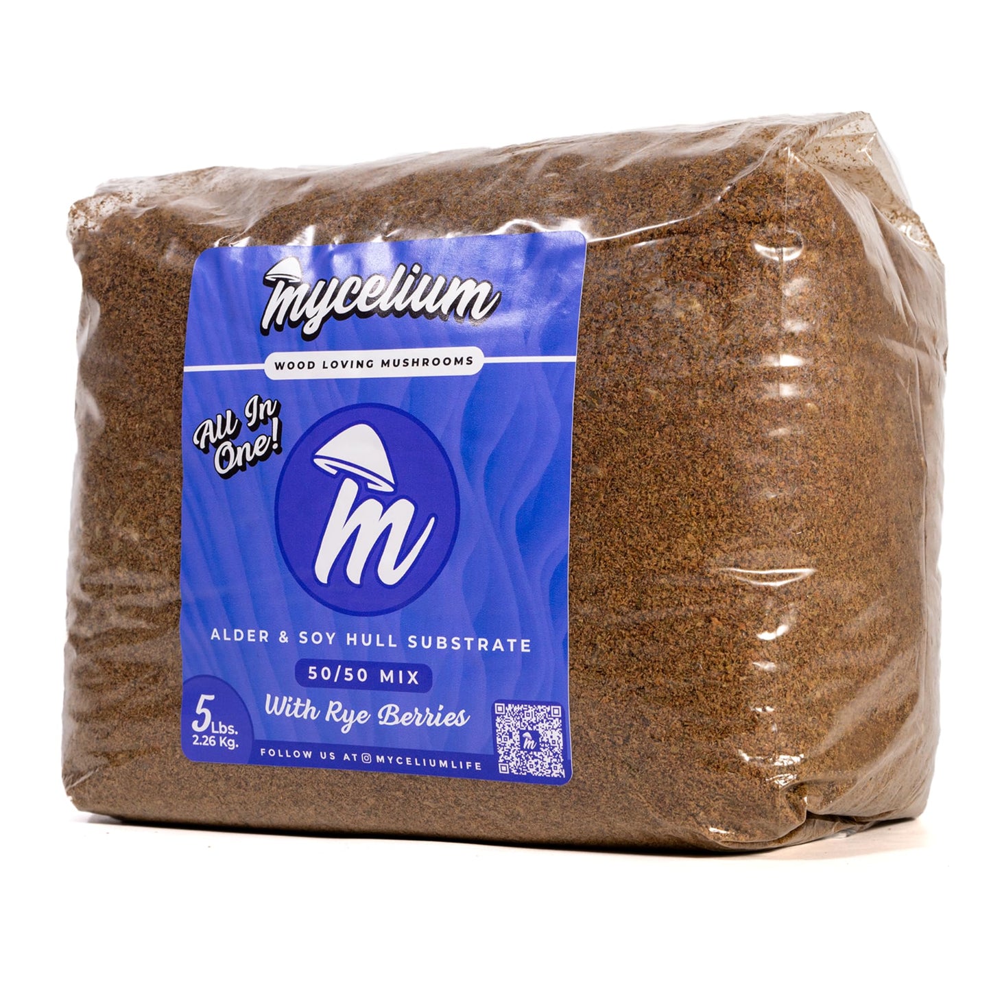 Mycelium wood substrate package with blue label on a white background