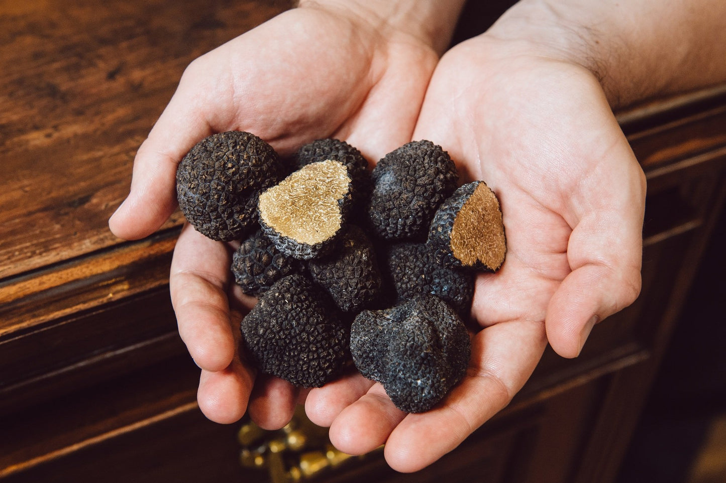 Hands holding black truffles with a wooden surface in the background