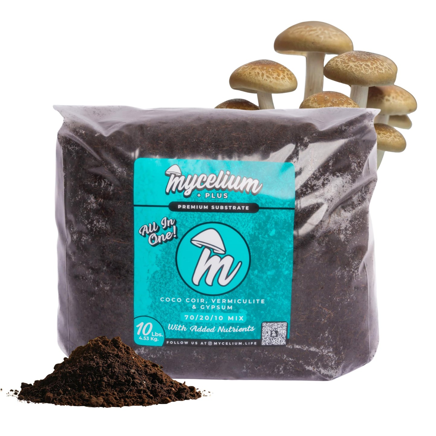 Mycelium Plus substrate package with mushrooms on a white background