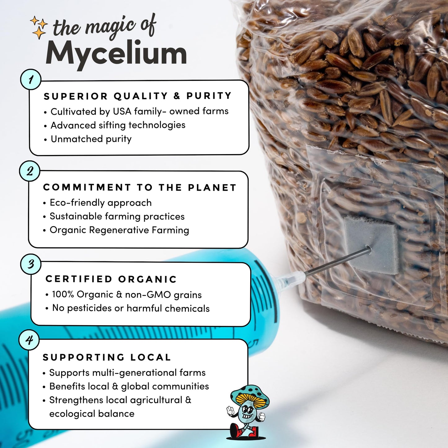 Mycelium product with text highlighting qualities like quality, sustainability, certification, and local support.
