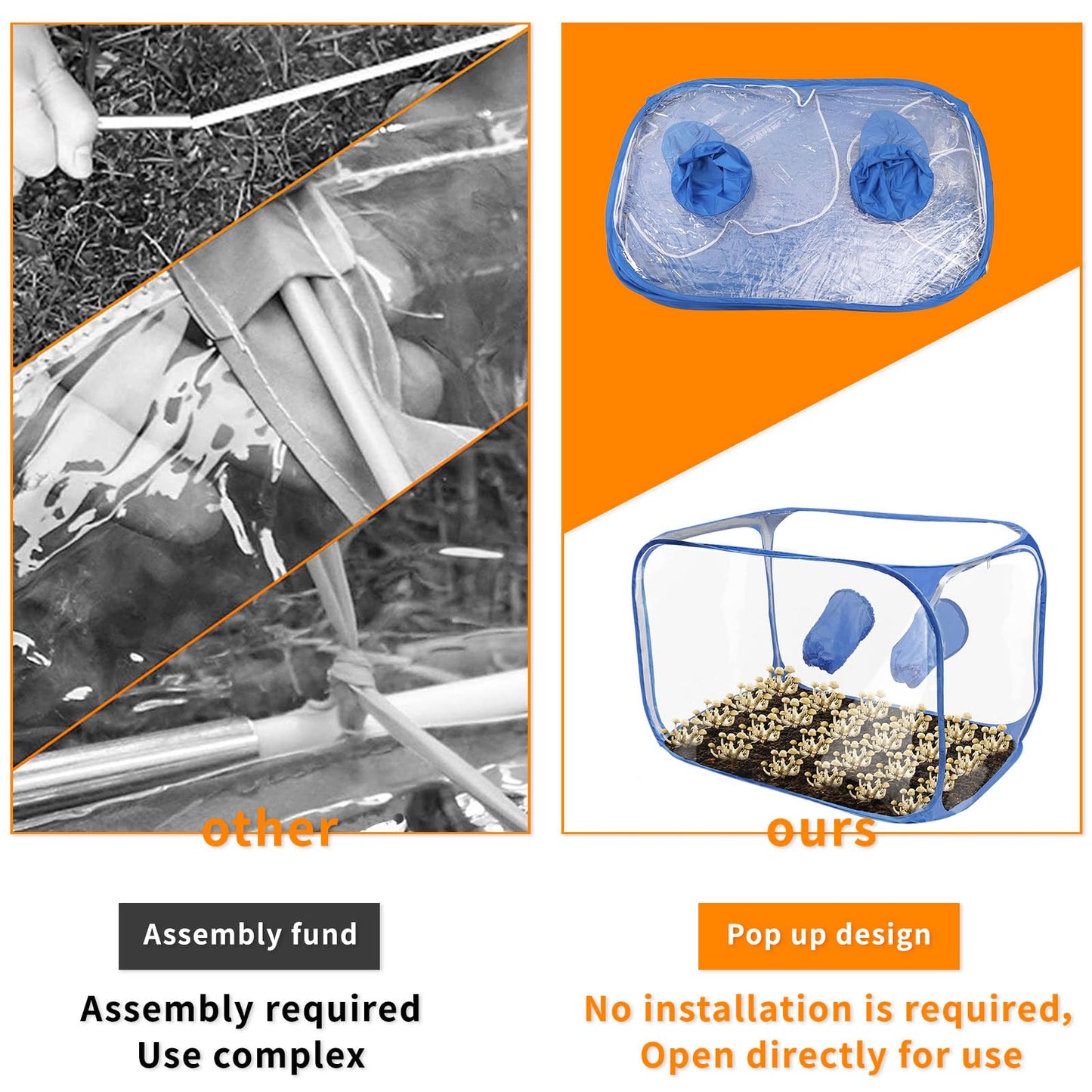 Product comparison with assembly required vs pop-up design on an orange and white background.