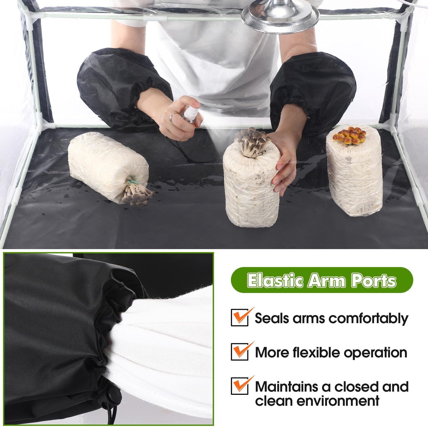 Person wearing black gloves and a hood interacting with mushroom cultures in a clear container, with text highlighting elastic arm parts benefits.