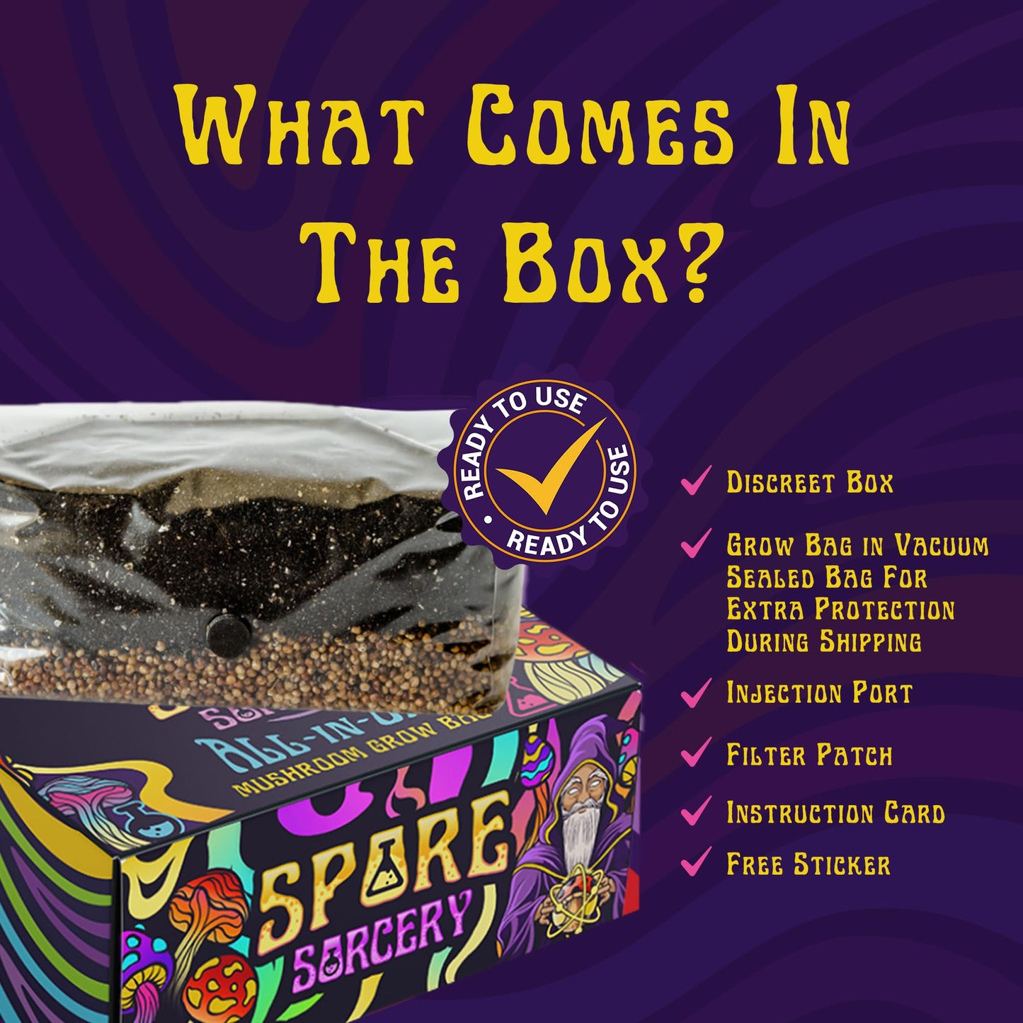 Spore Sorcery packaging with text detailing contents on a purple background