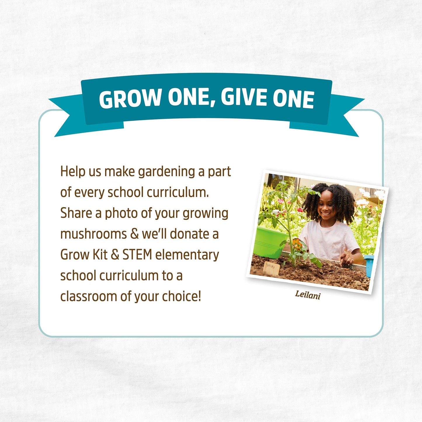 Promotional graphic with 'Grow One, Give One' campaign text and a child gardening.