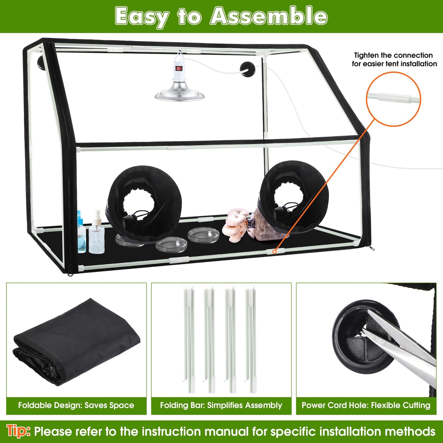 Clear display tent with wheels and accessories, featuring assembly instructions.