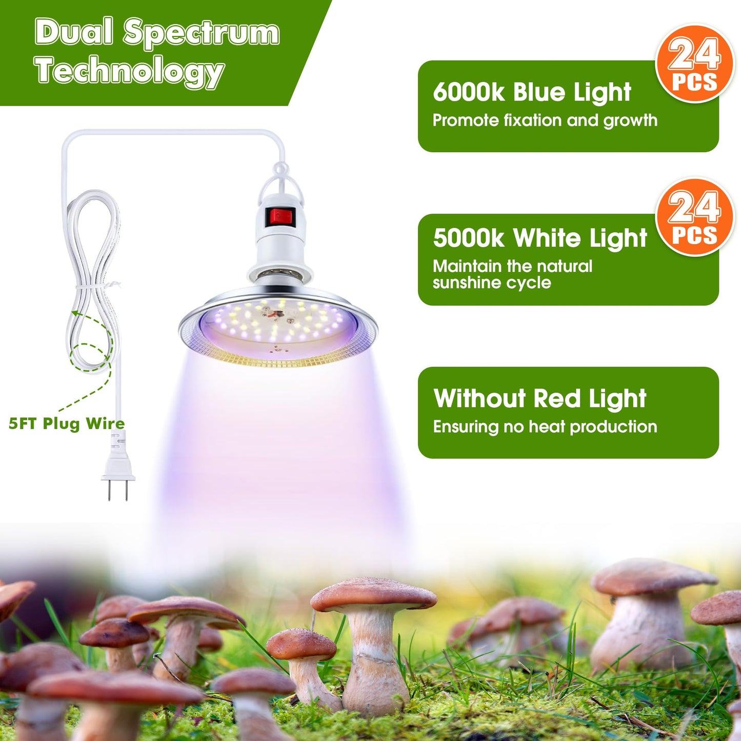 LED grow light with dual spectrum technology for mushroom cultivation, featuring blue and white lights.