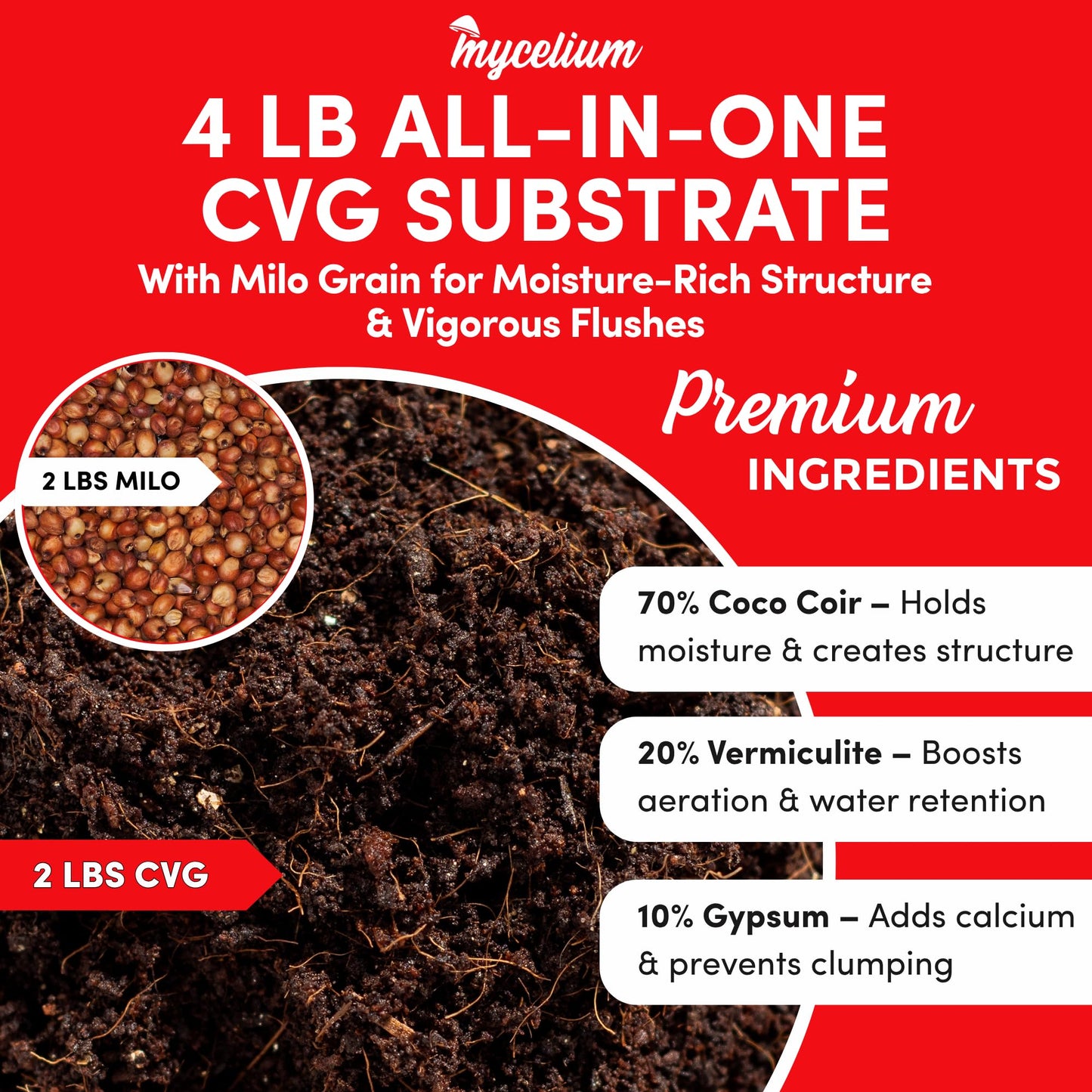 Mycelium 4 LB All-In-One CVG Substrate with ingredients on a red background