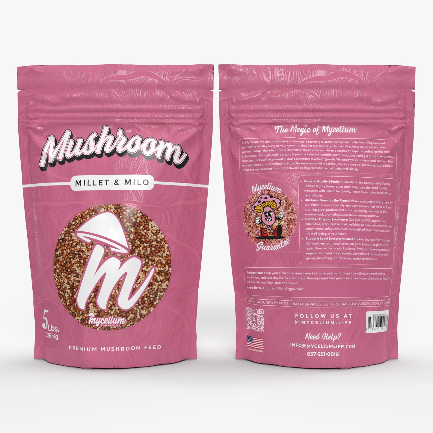 Pink package of Mushroom Millet & Milo with brand logo and text on a white background