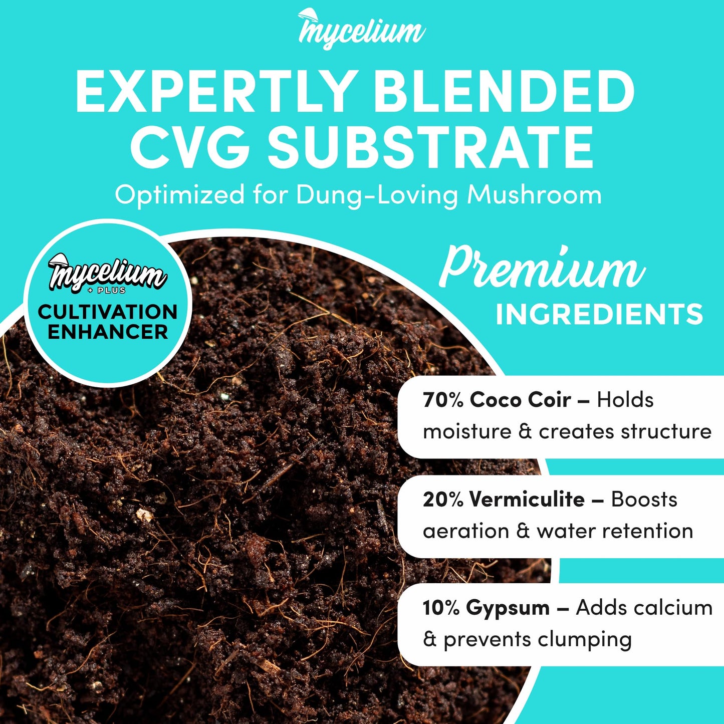 Mycelium CVG Substrate blend with ingredients and benefits on a blue background