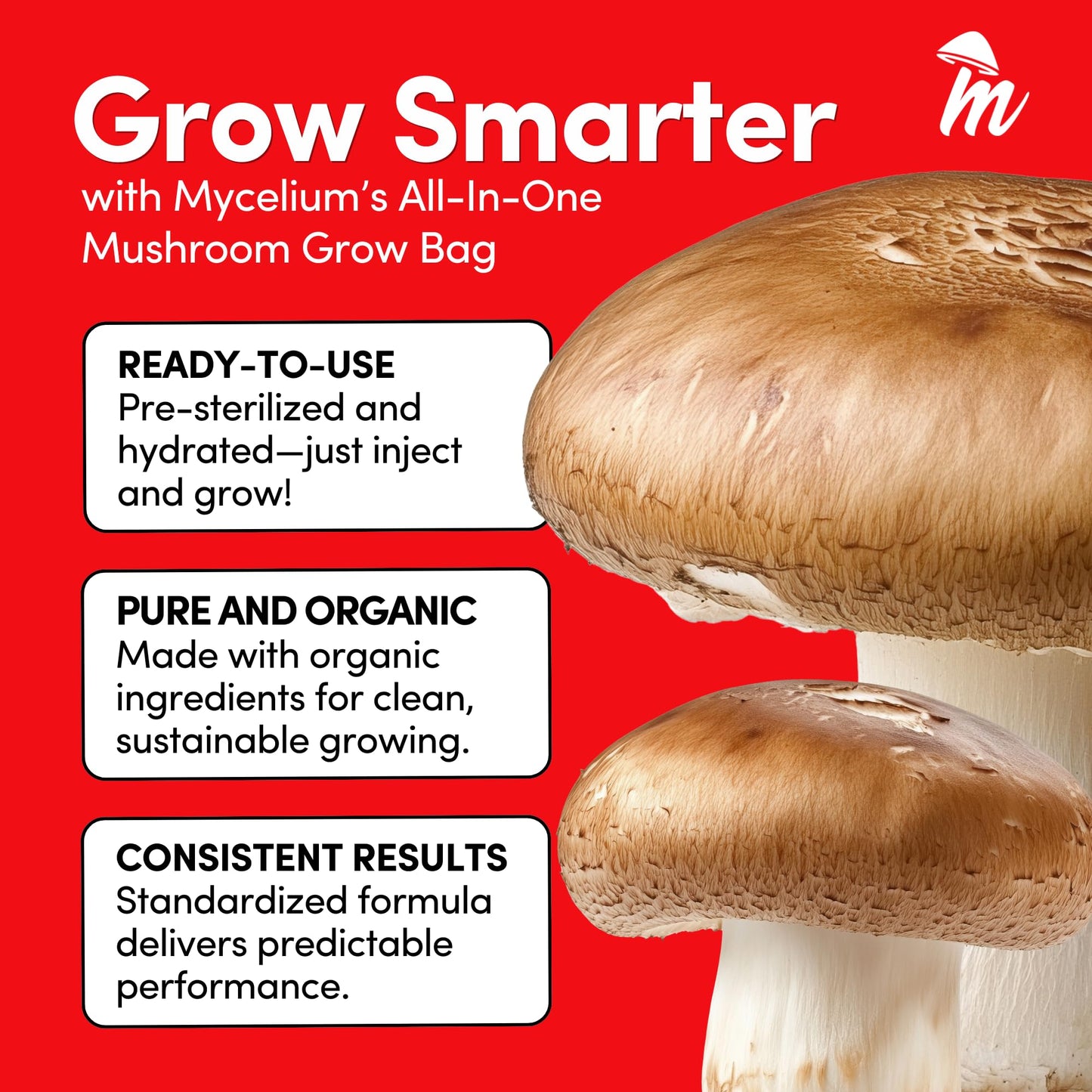 Mushroom grow bag product with text on a red background
