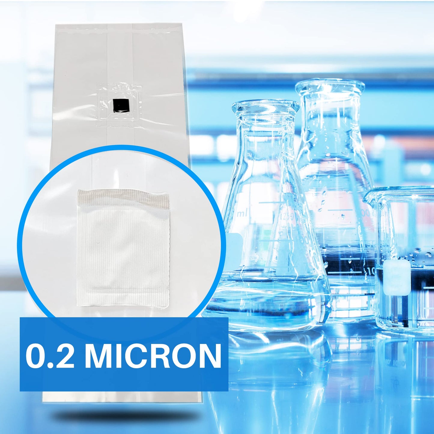 Clear filter with 0.2 micron label in front of laboratory equipment