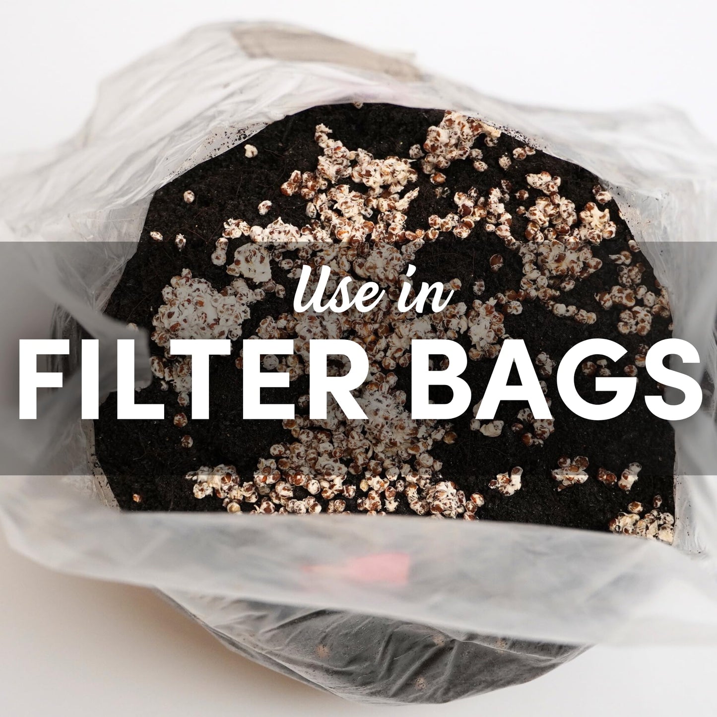 Black material with white text 'Use in Filter Bags' inside a clear plastic bag.