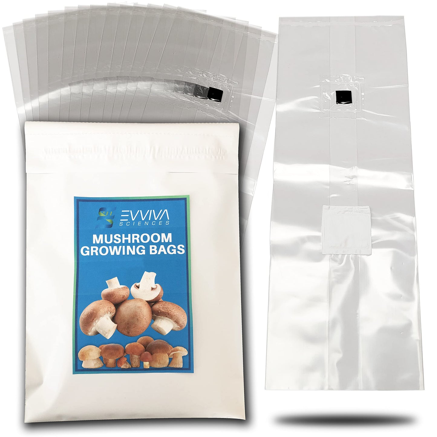 Packaging of Eviva Sciences mushroom growing bags with a blue label showing mushrooms.