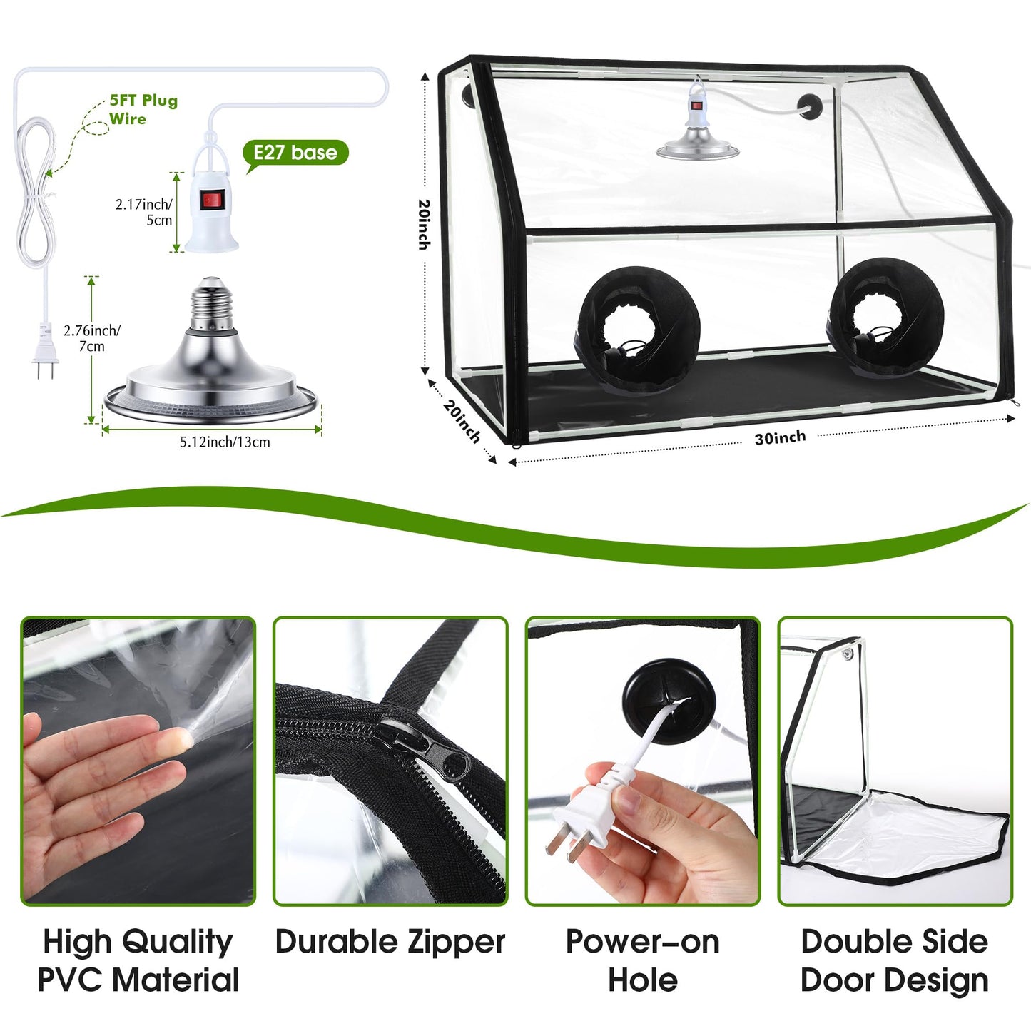 Clear display case with dimensions, bulb diagram, and features on a white background