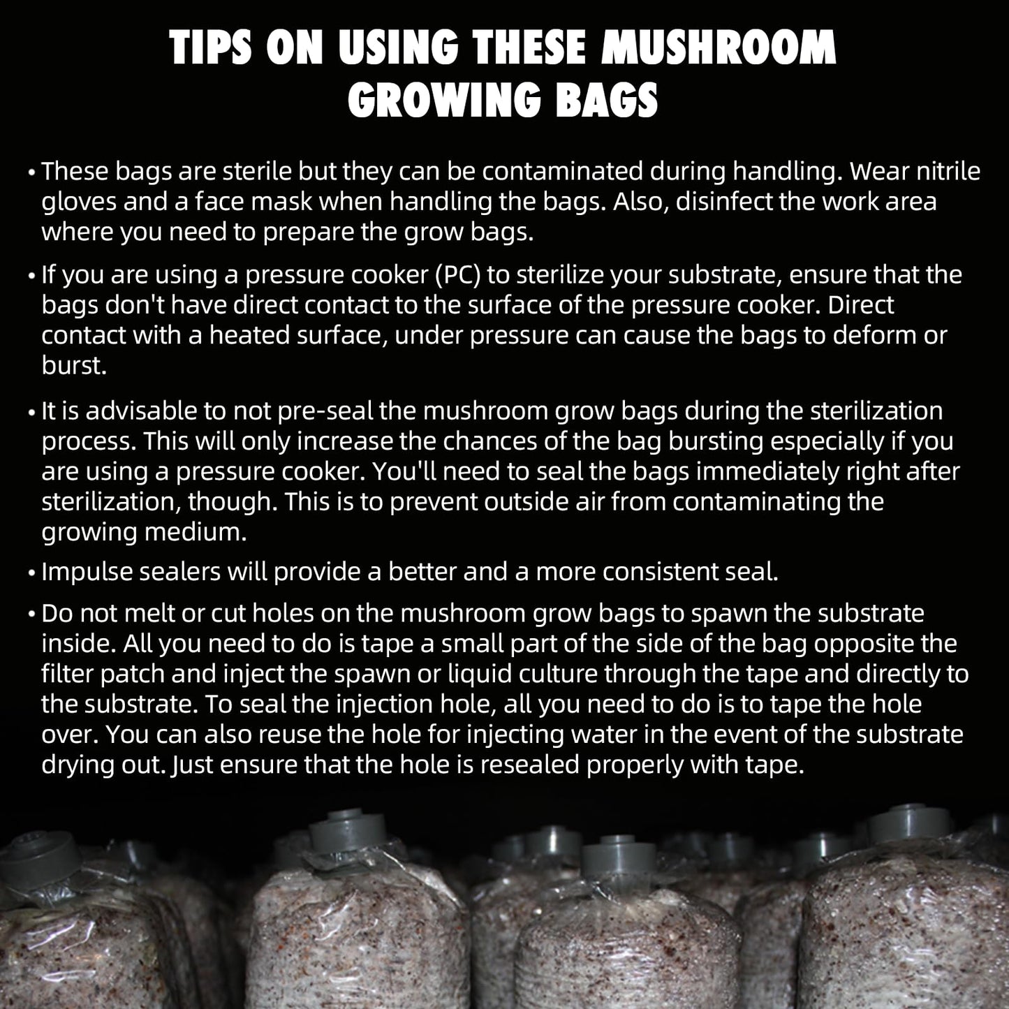 Mushroom growing bags with text on tips for using them safely.