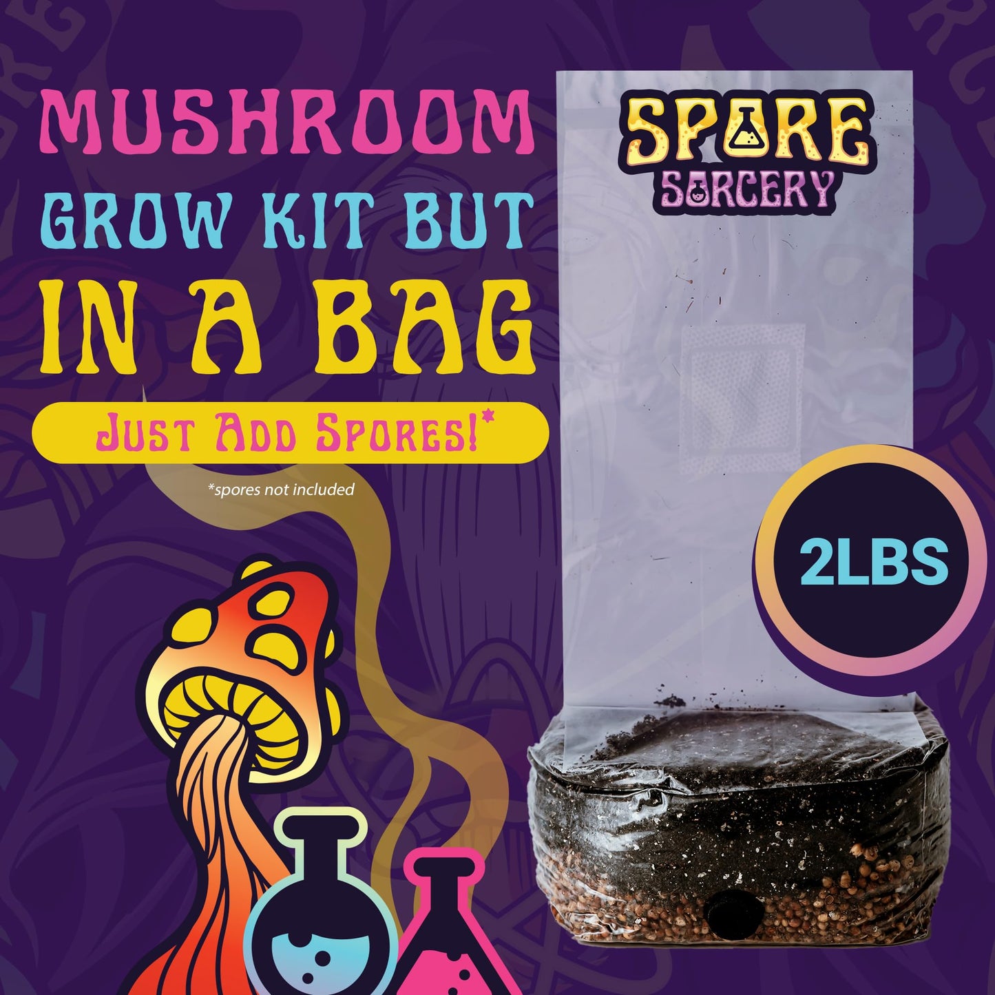 Spore Sorcery mushroom grow kit with text on a purple background