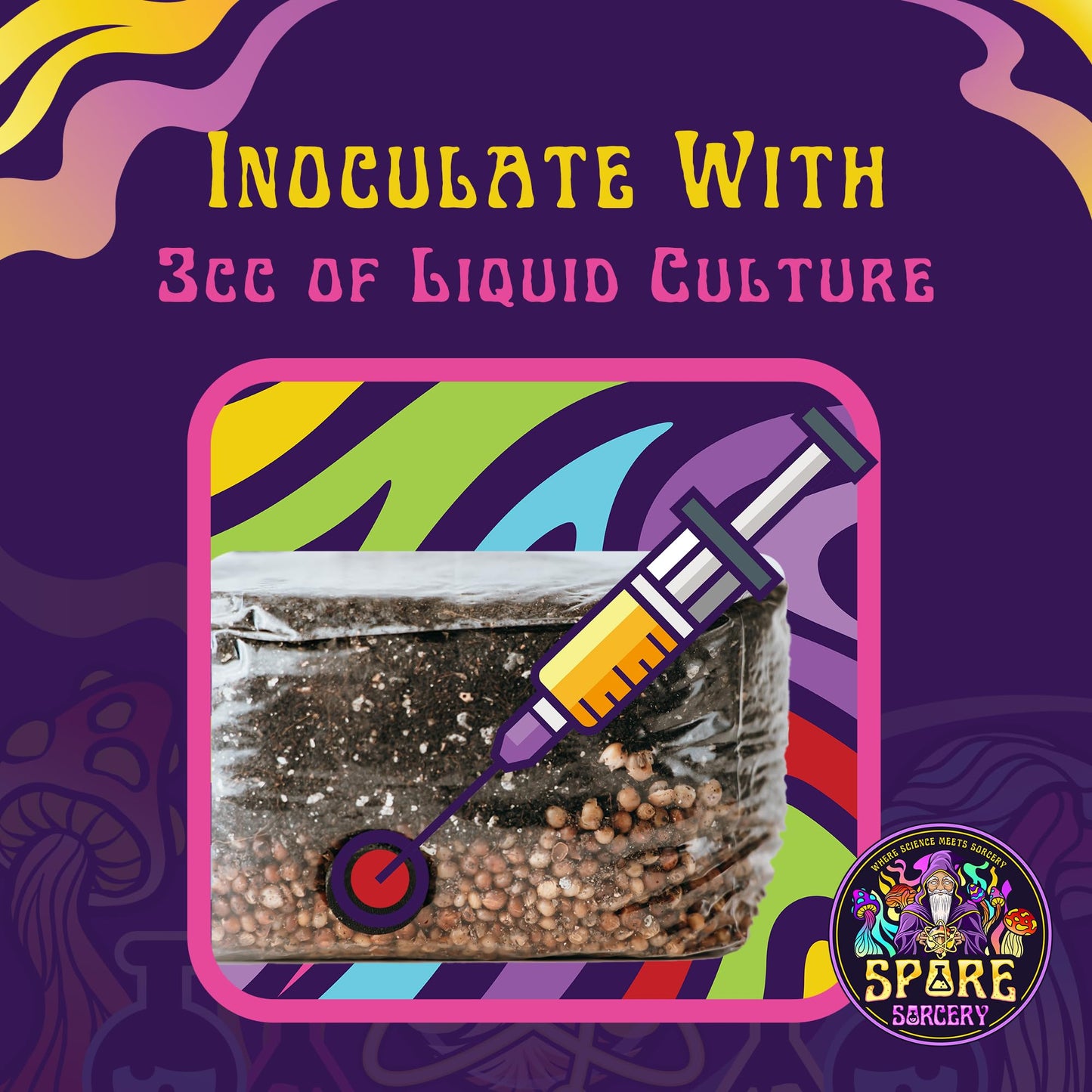 Spore Sorcery promotional graphic with a syringe and container on a colorful background