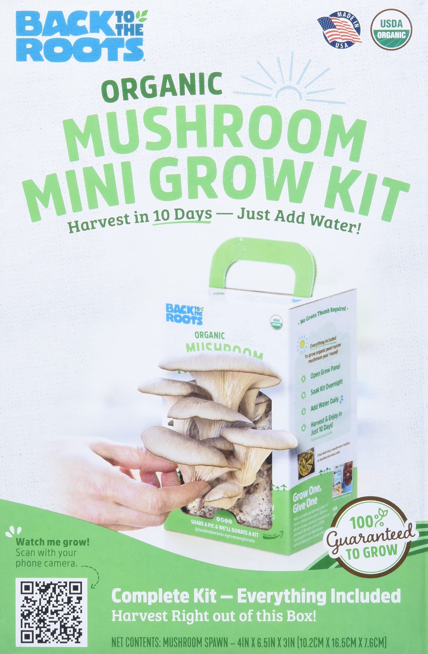 Back to the Roots Organic Mushroom Mini Grow Kit packaging with text and images of mushrooms.