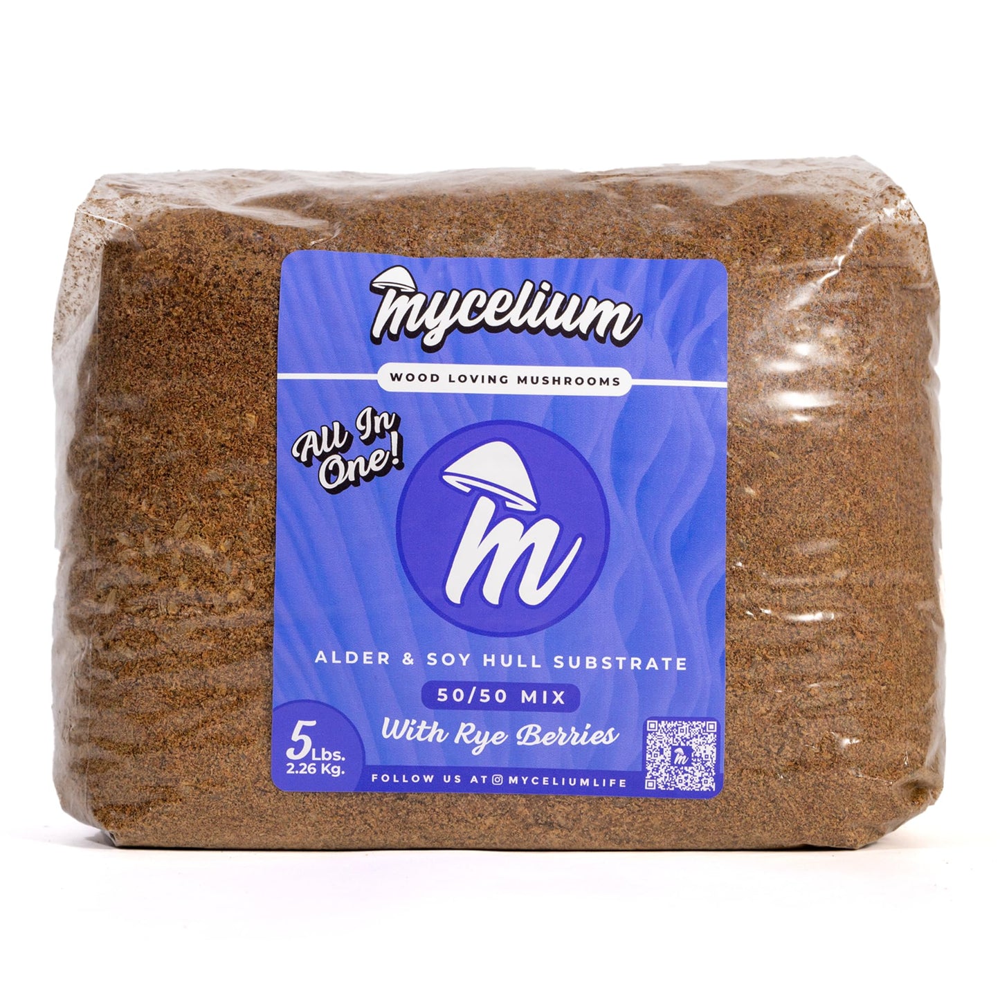 Mycelium product packaging with a blue label on a white background