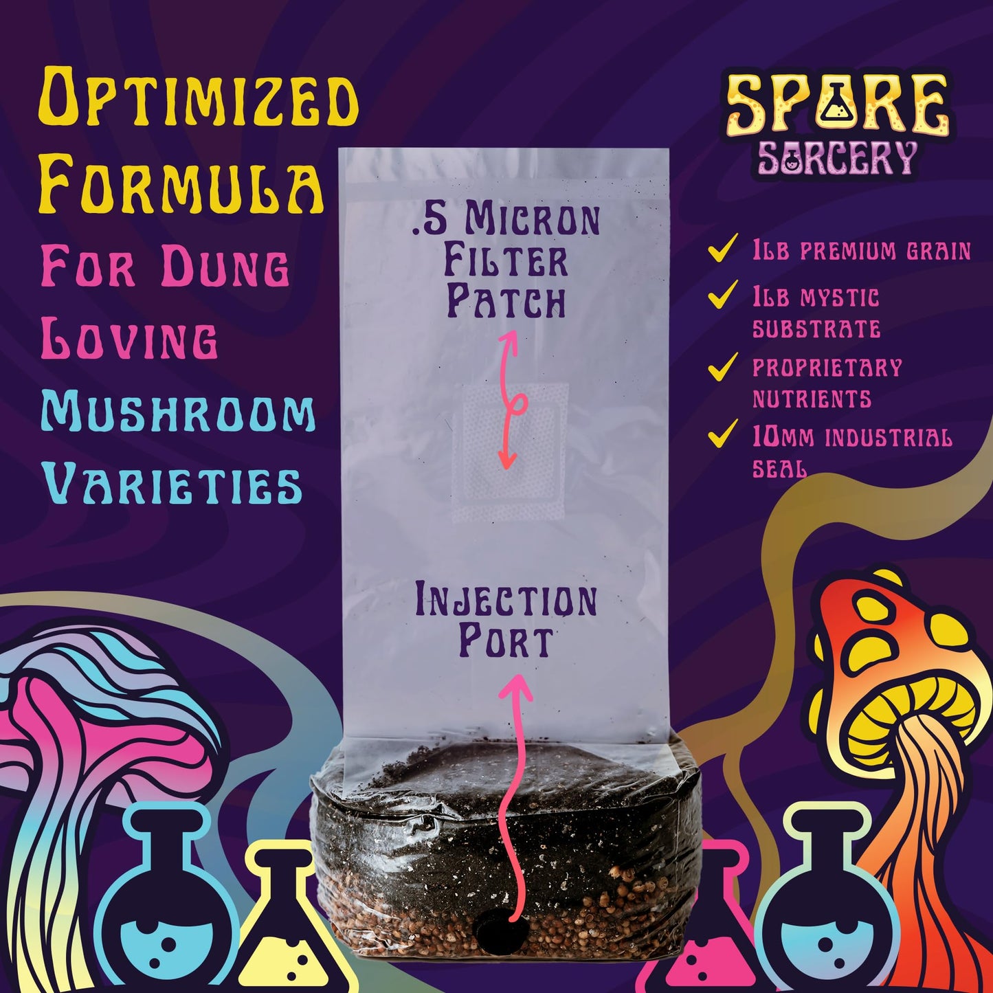 Spore Sorcery mushroom growing product with text on a purple background
