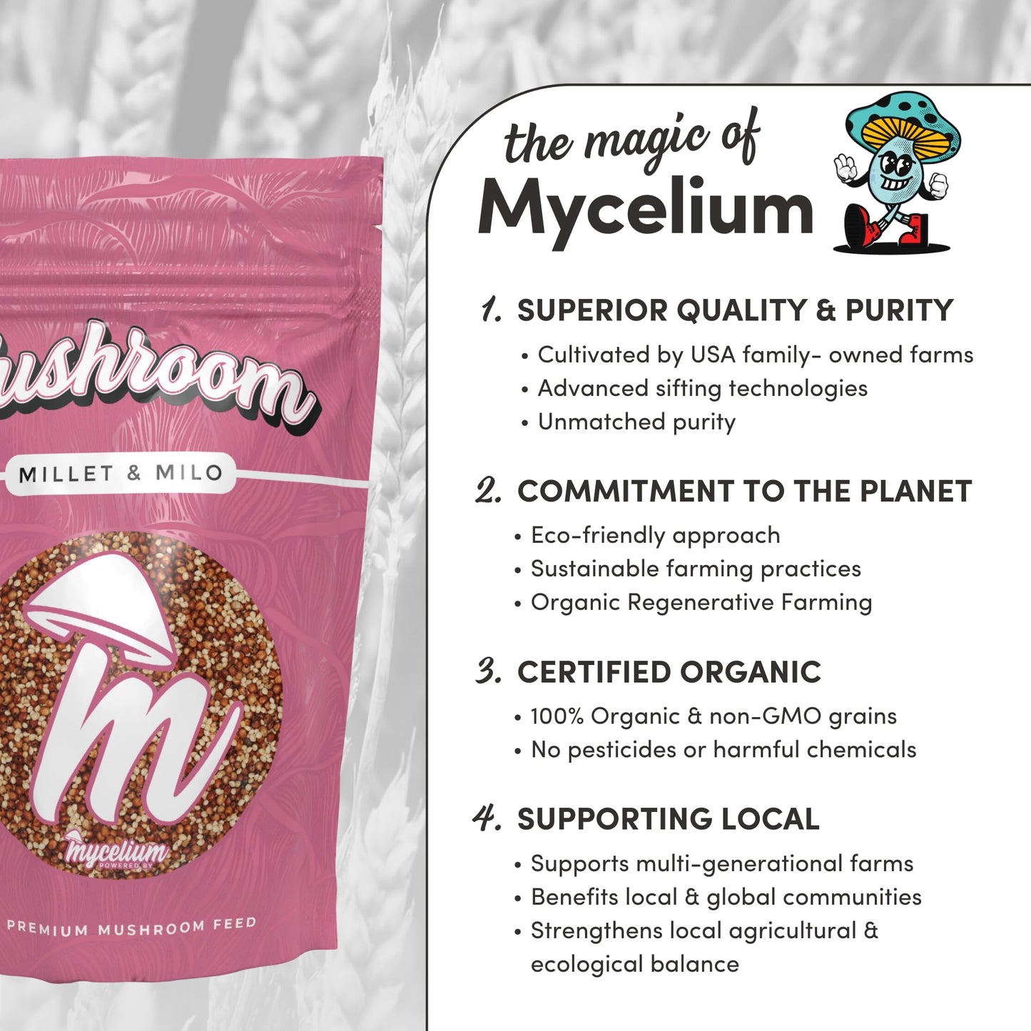 Mushroom feed package with 'Mycelium' branding and text about product features.