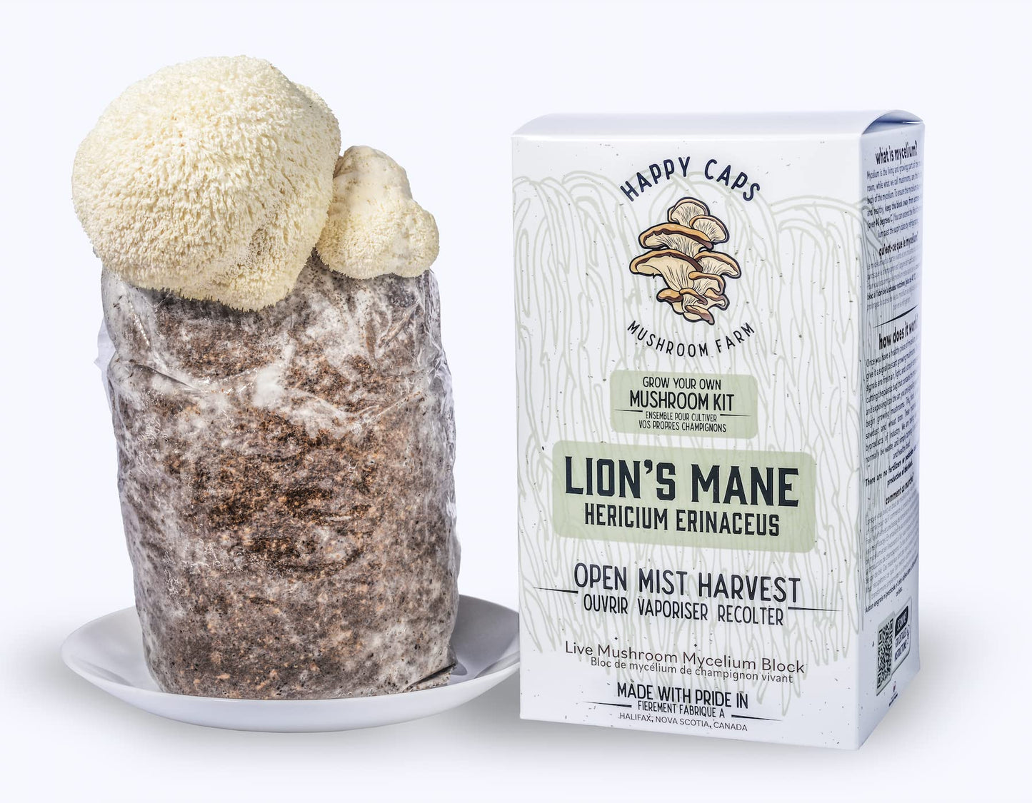 Mushroom kit with packaging labeled 'Happy Caps' on a white background