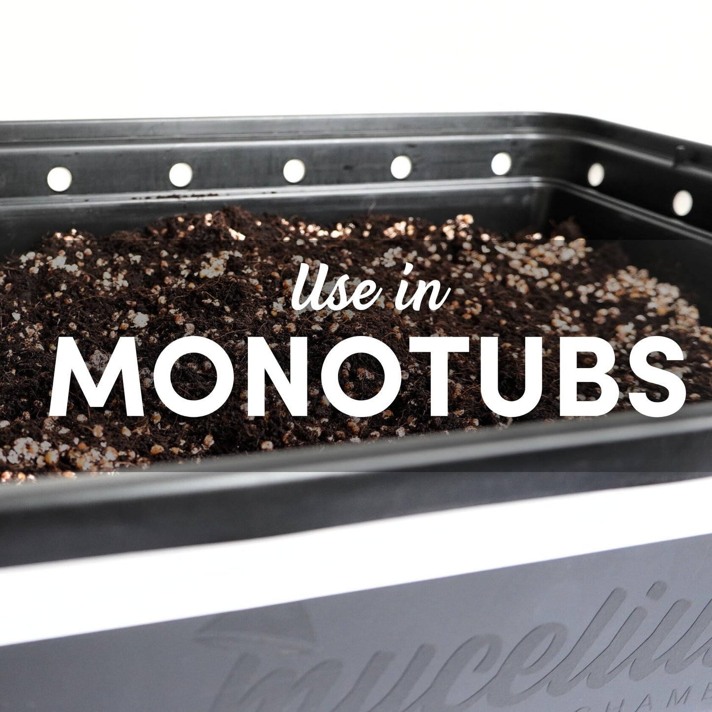 Black tray with soil and text 'Use in MONOTUBS' on a white background