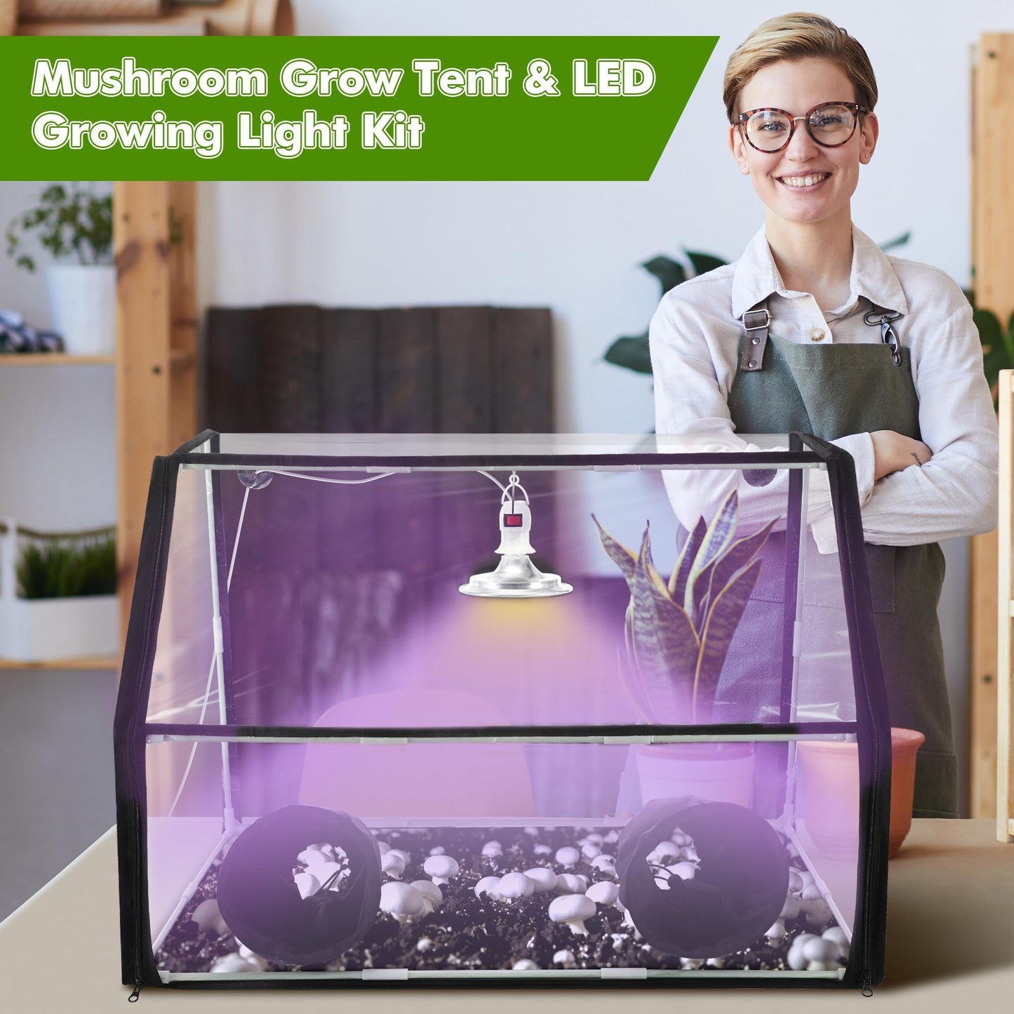 Person in an apron standing next to a mushroom grow tent with LED light, promotional text above.