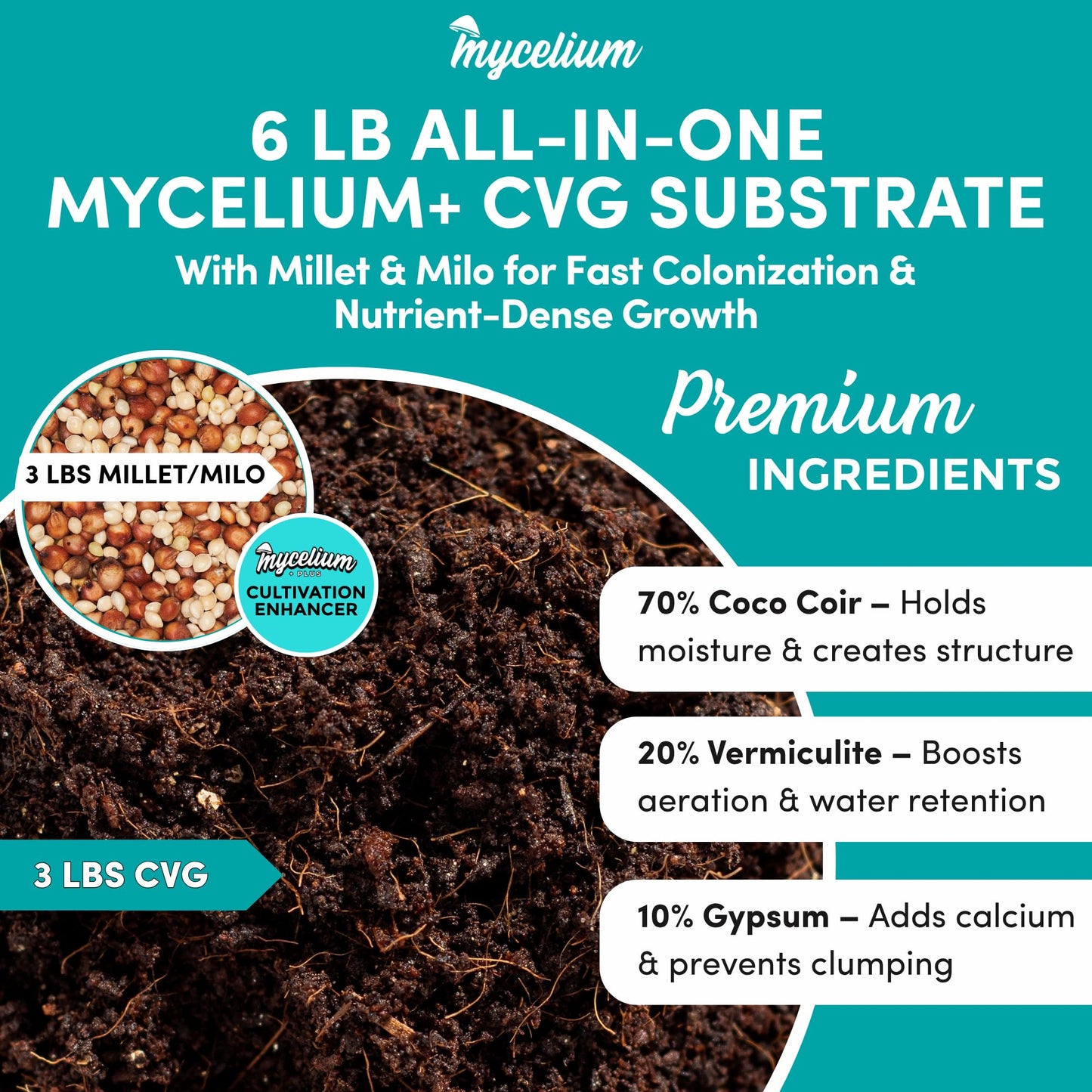 Mycelium+ CVG Substrate product packaging with ingredients and benefits listed.