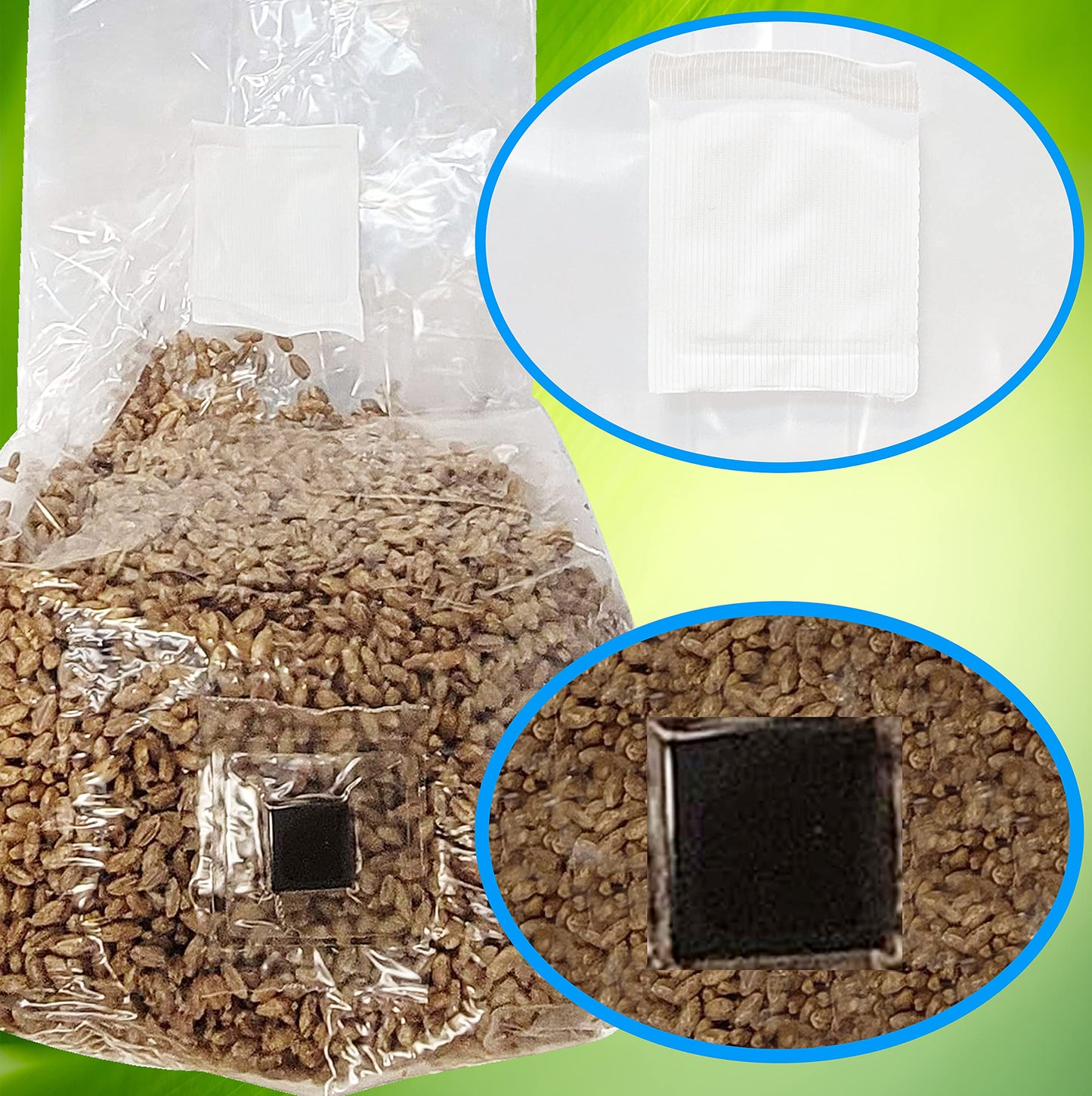 Packaged material with a square black patch, close-up of patch on green background